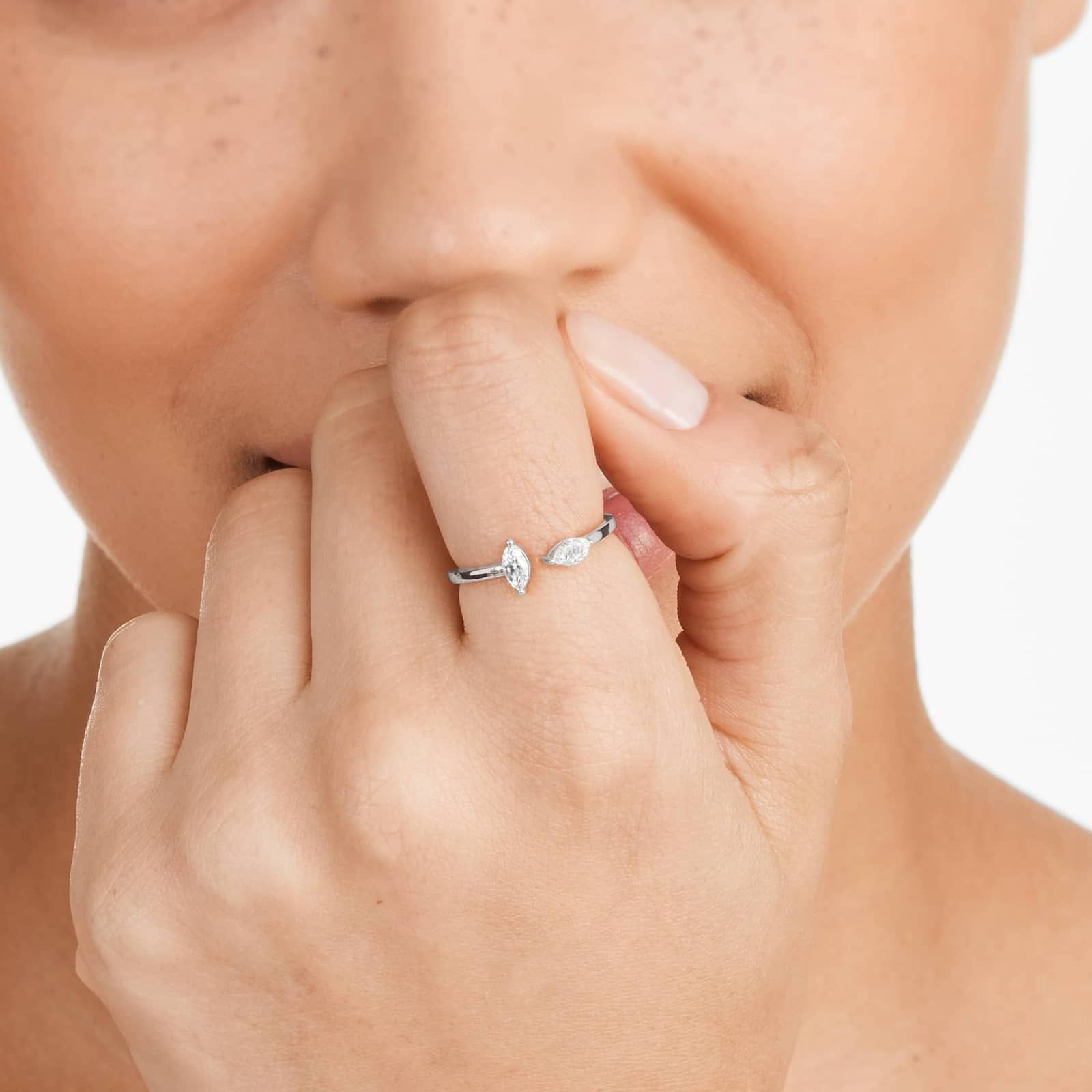 Marquise Cut Open Diamond Juxtapose Ring In 14K White Gold