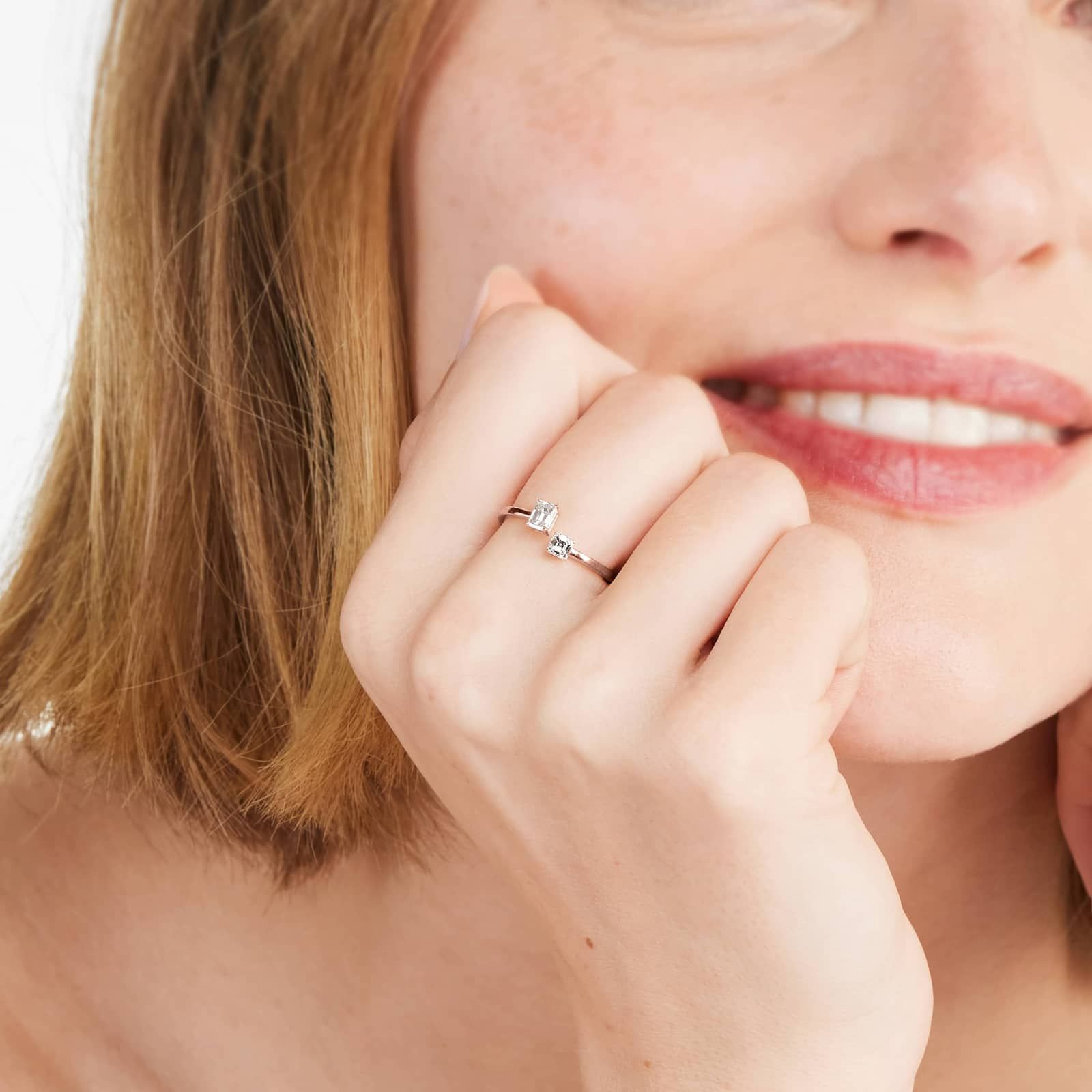 Emerald And Asscher Cut Open Diamond Juxtapose Ring In 14K Rose Gold