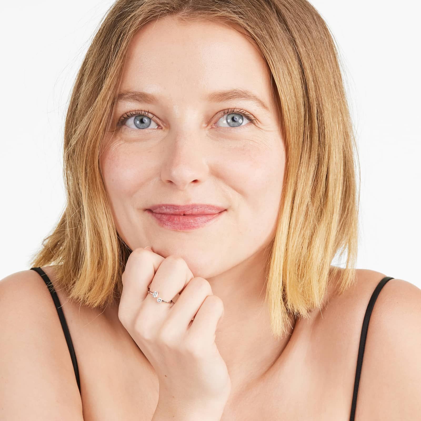 Emerald And Asscher Cut Open Diamond Juxtapose Ring In 14K Rose Gold