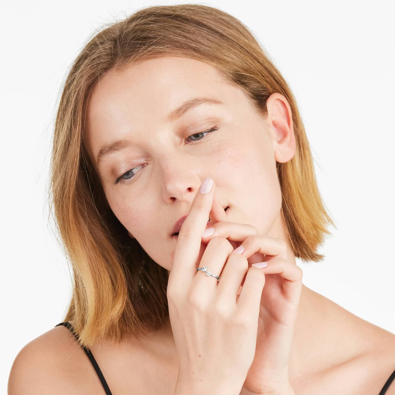 Emerald And Asscher Cut Open Diamond Juxtapose Ring In 14K White Gold