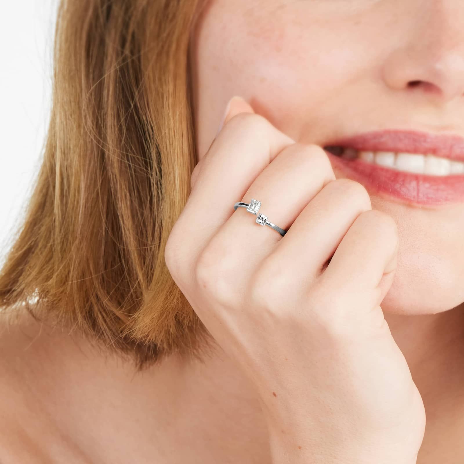 Emerald And Asscher Cut Open Diamond Juxtapose Ring In 14K White Gold