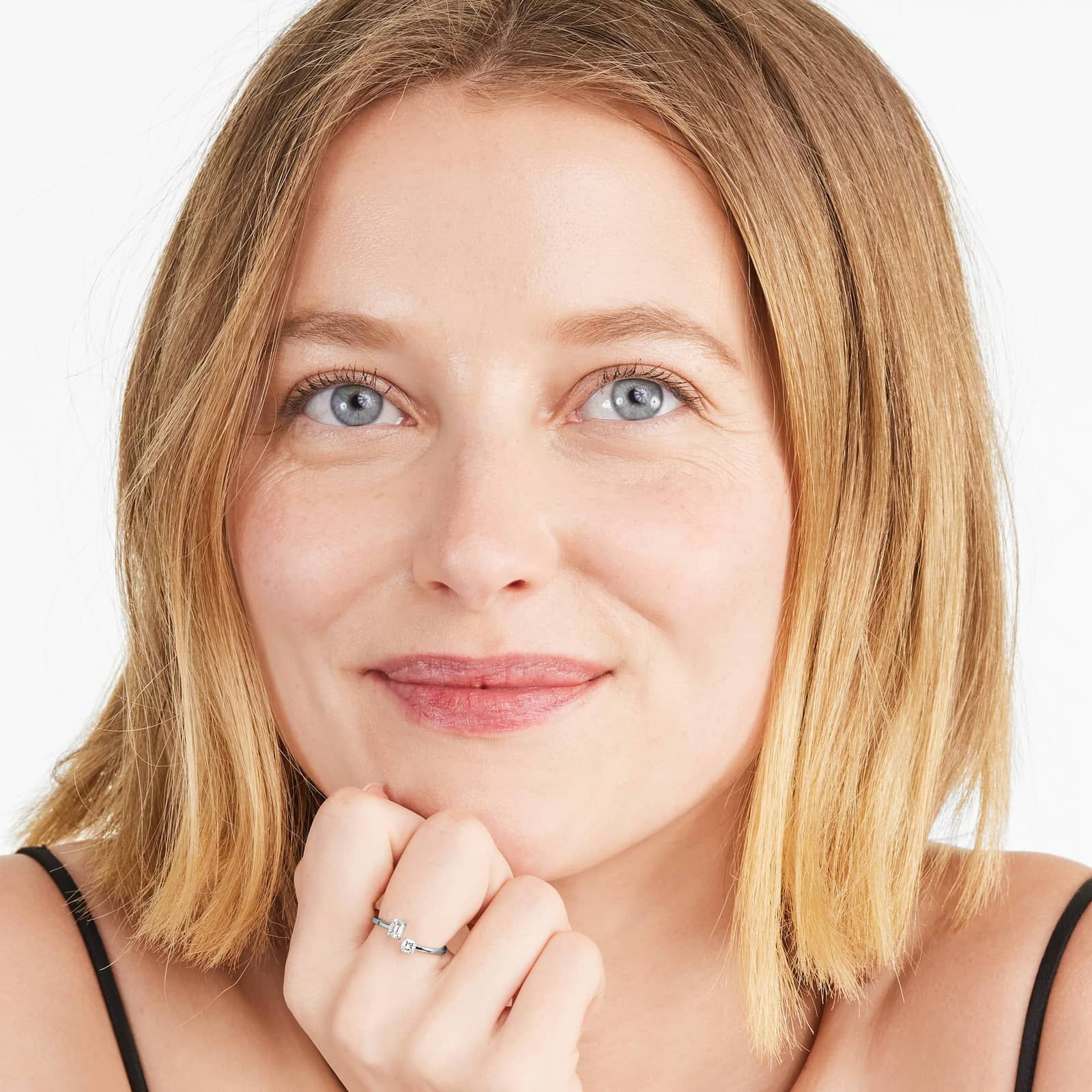 Emerald And Asscher Cut Open Diamond Juxtapose Ring In 14K White Gold