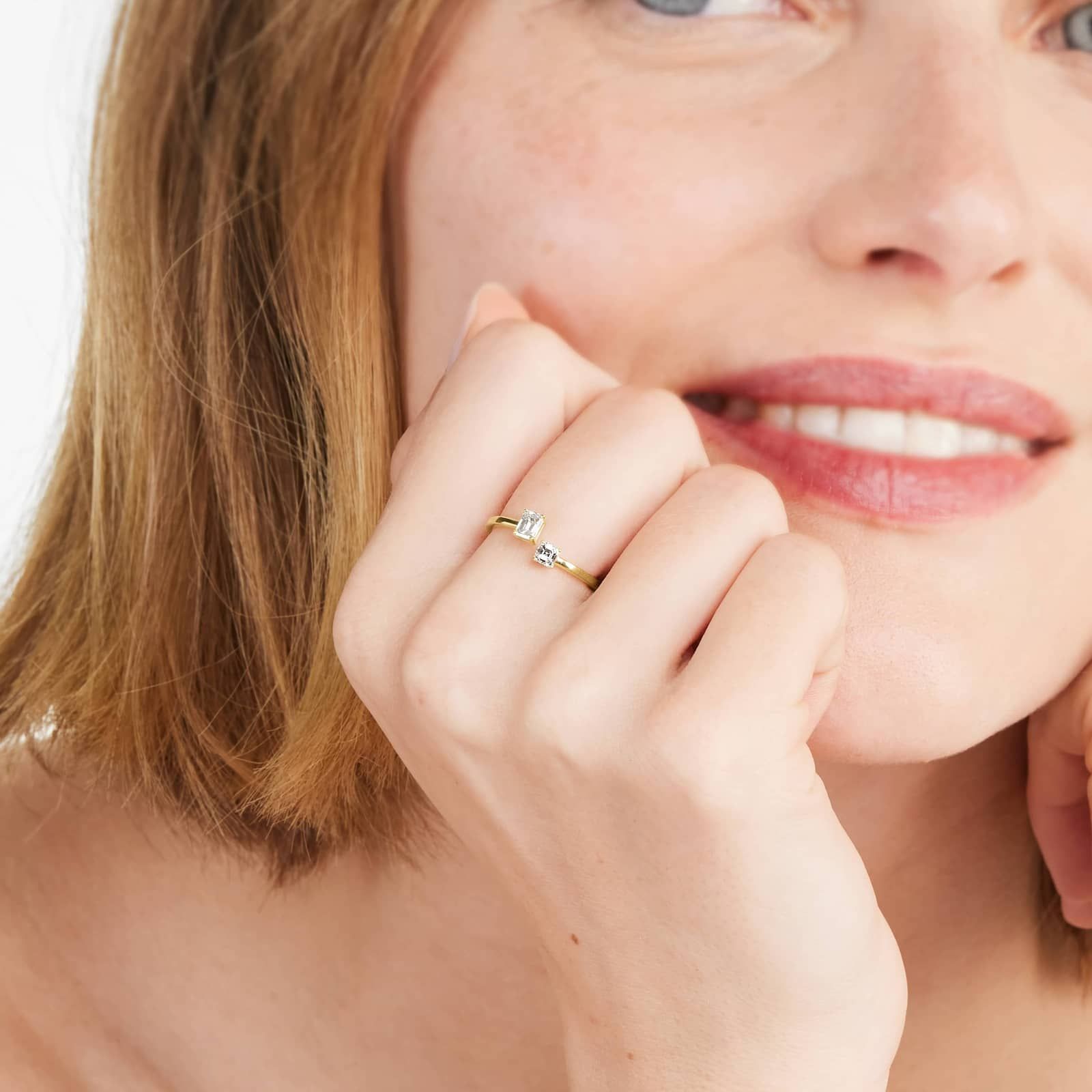 Emerald And Asscher Cut Open Diamond Juxtapose Ring In 14K Yellow Gold