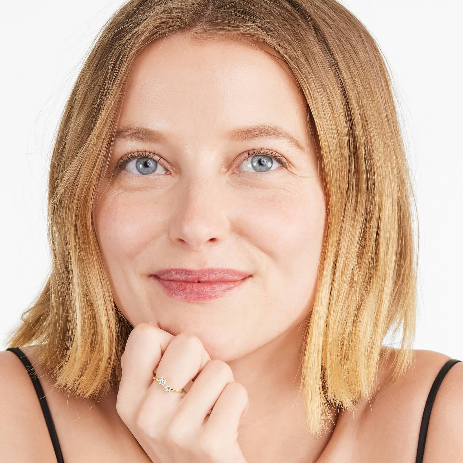 Emerald And Asscher Cut Open Diamond Juxtapose Ring In 14K Yellow Gold