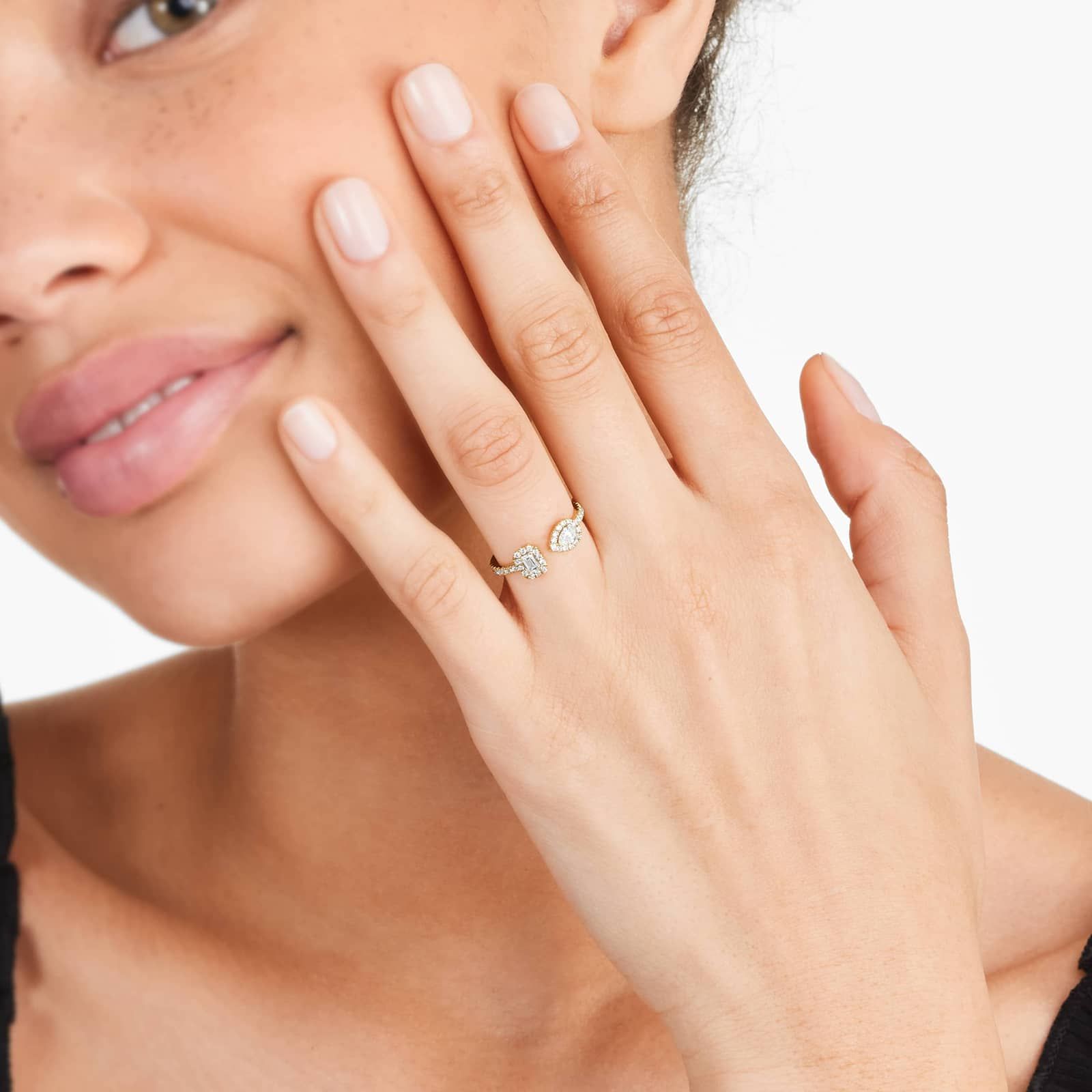 Fancy Asymmetrical Pavé Open Diamond Ring In 14K Yellow Gold