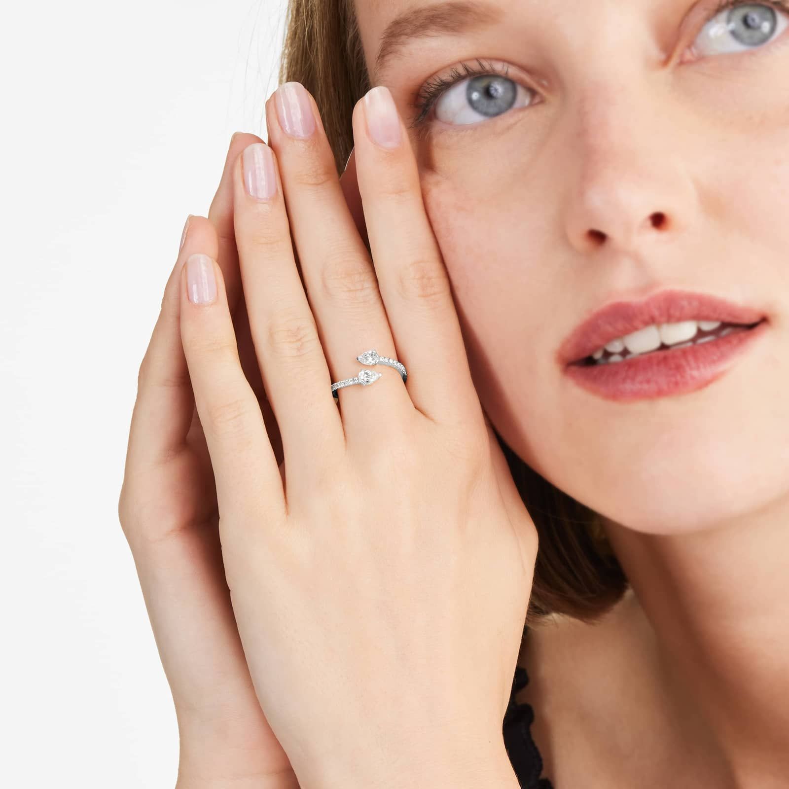 Pear Shape Pavé Open Diamond Ring In 14K White Gold