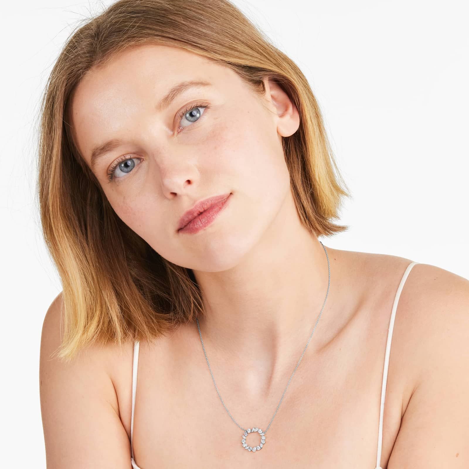 Mixed Diamond Circle Necklace In 14K White Gold