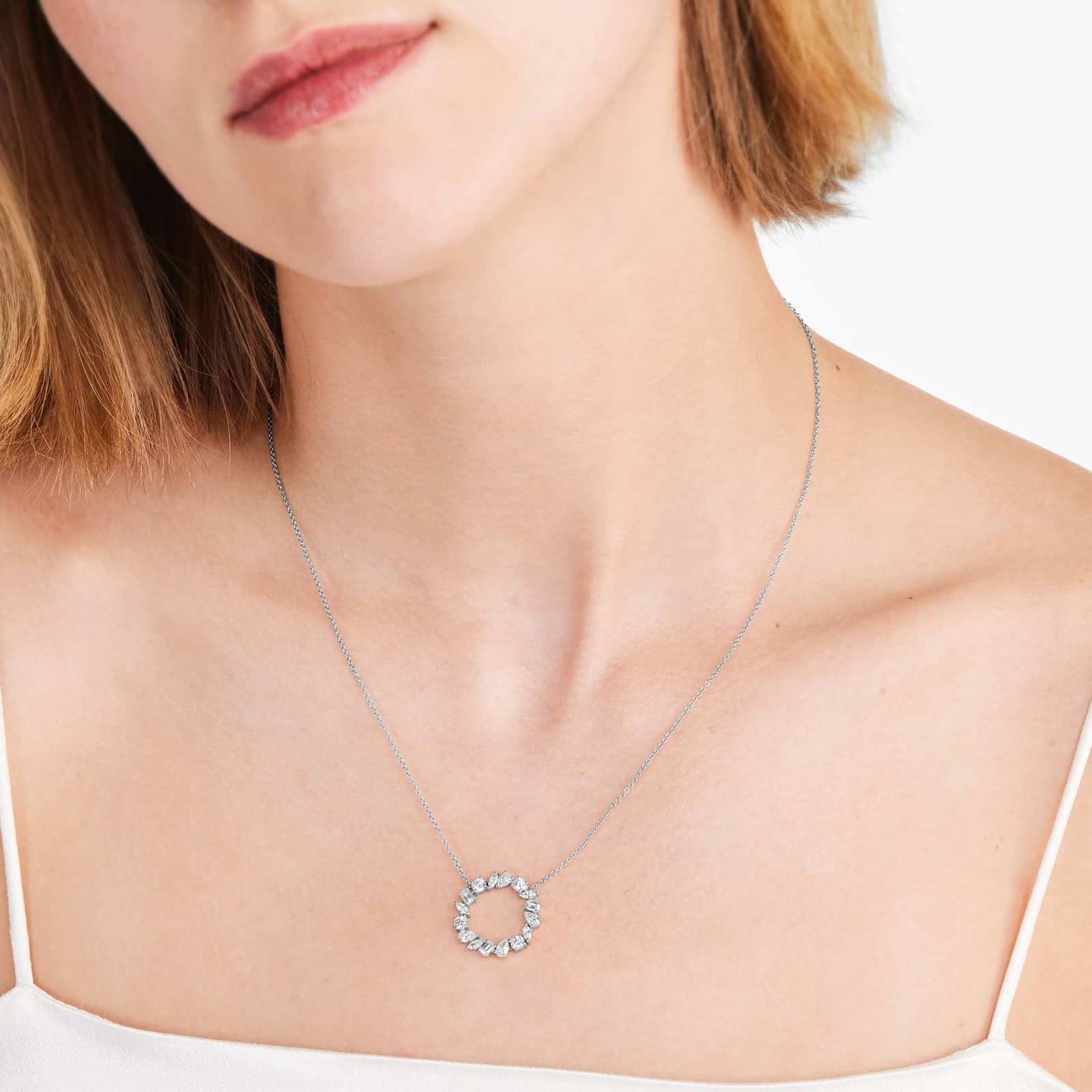 Mixed Diamond Circle Necklace In 14K White Gold
