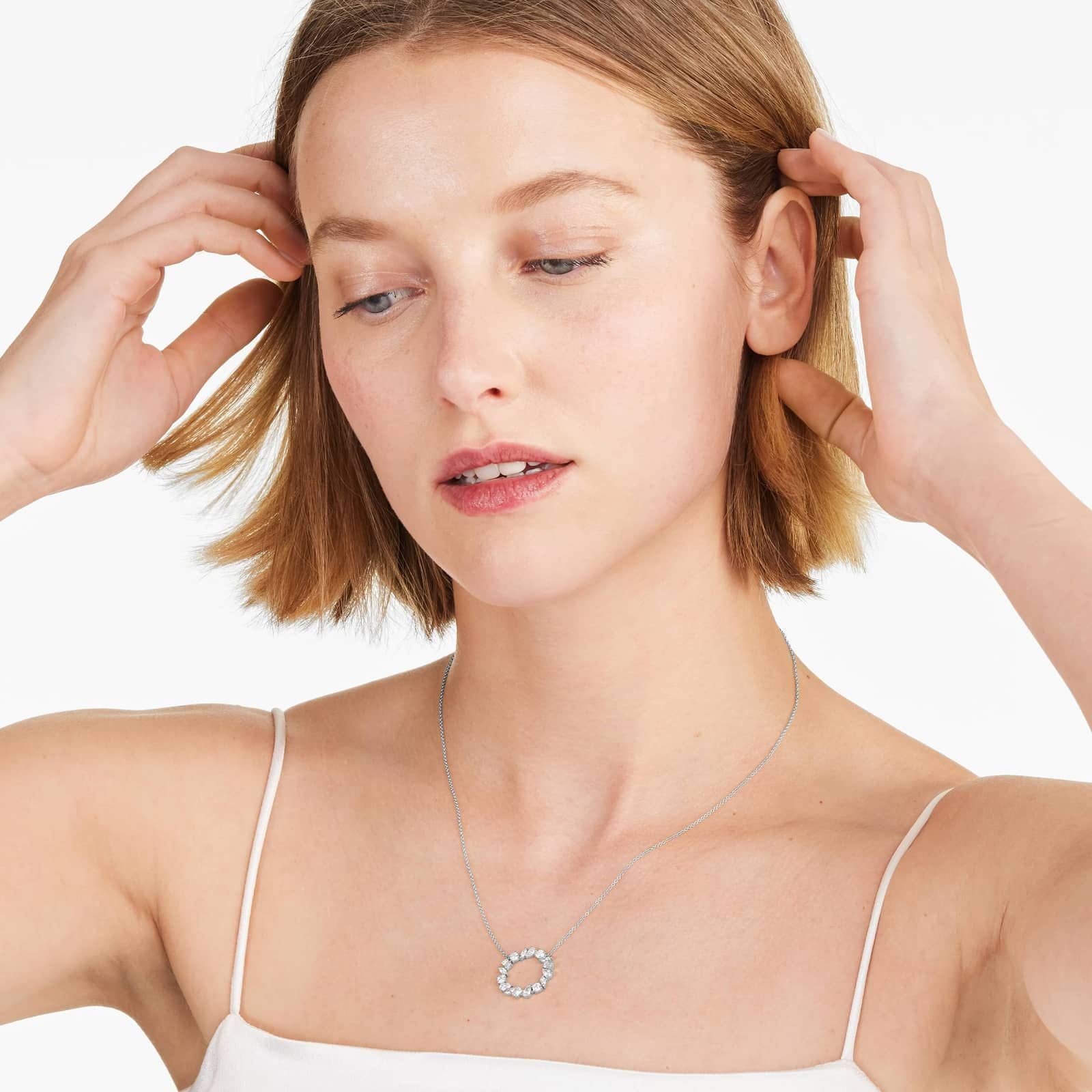 Mixed Diamond Circle Necklace In 14K White Gold