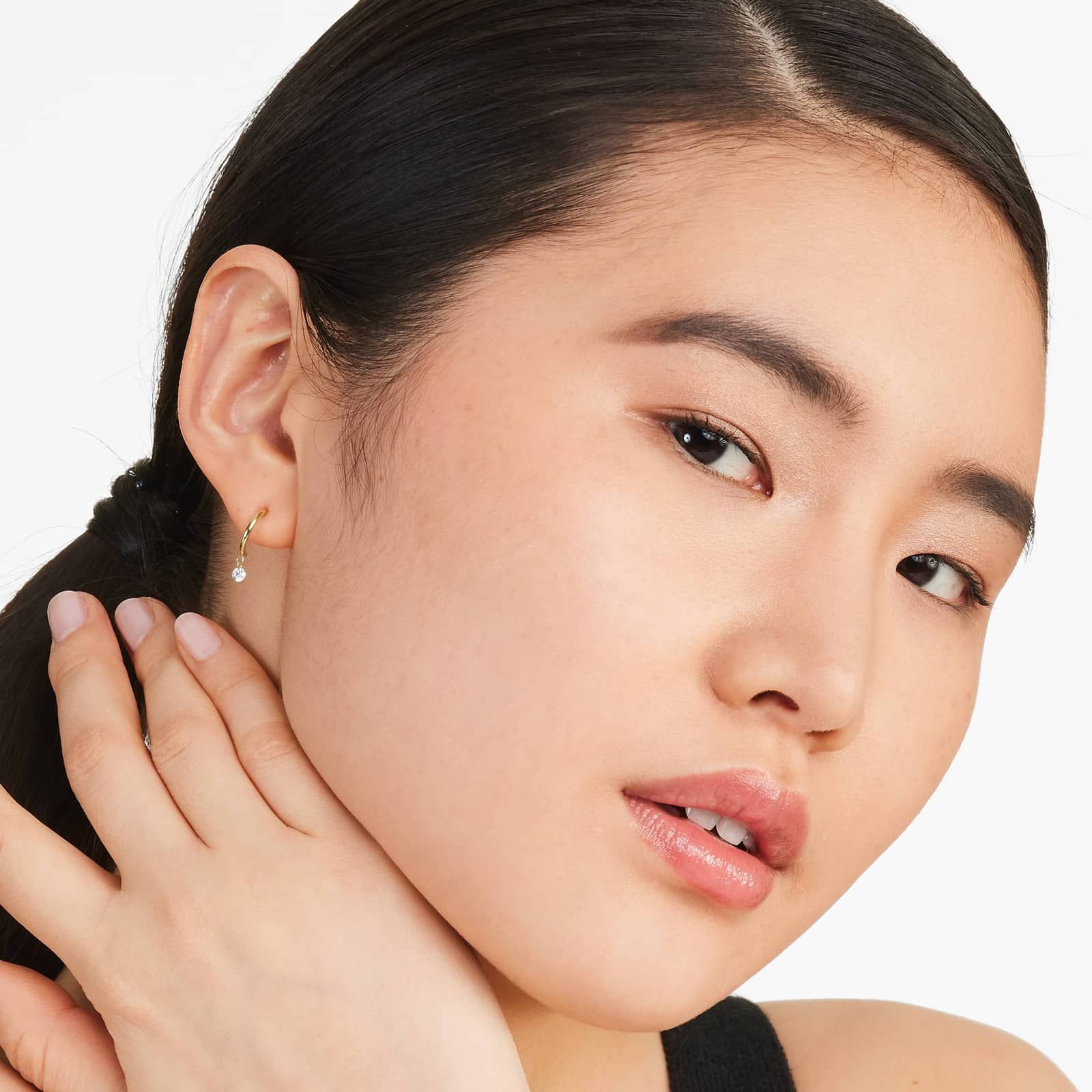 Half Huggie Dangling Diamond Earrings In 14K Yellow Gold By Brevani