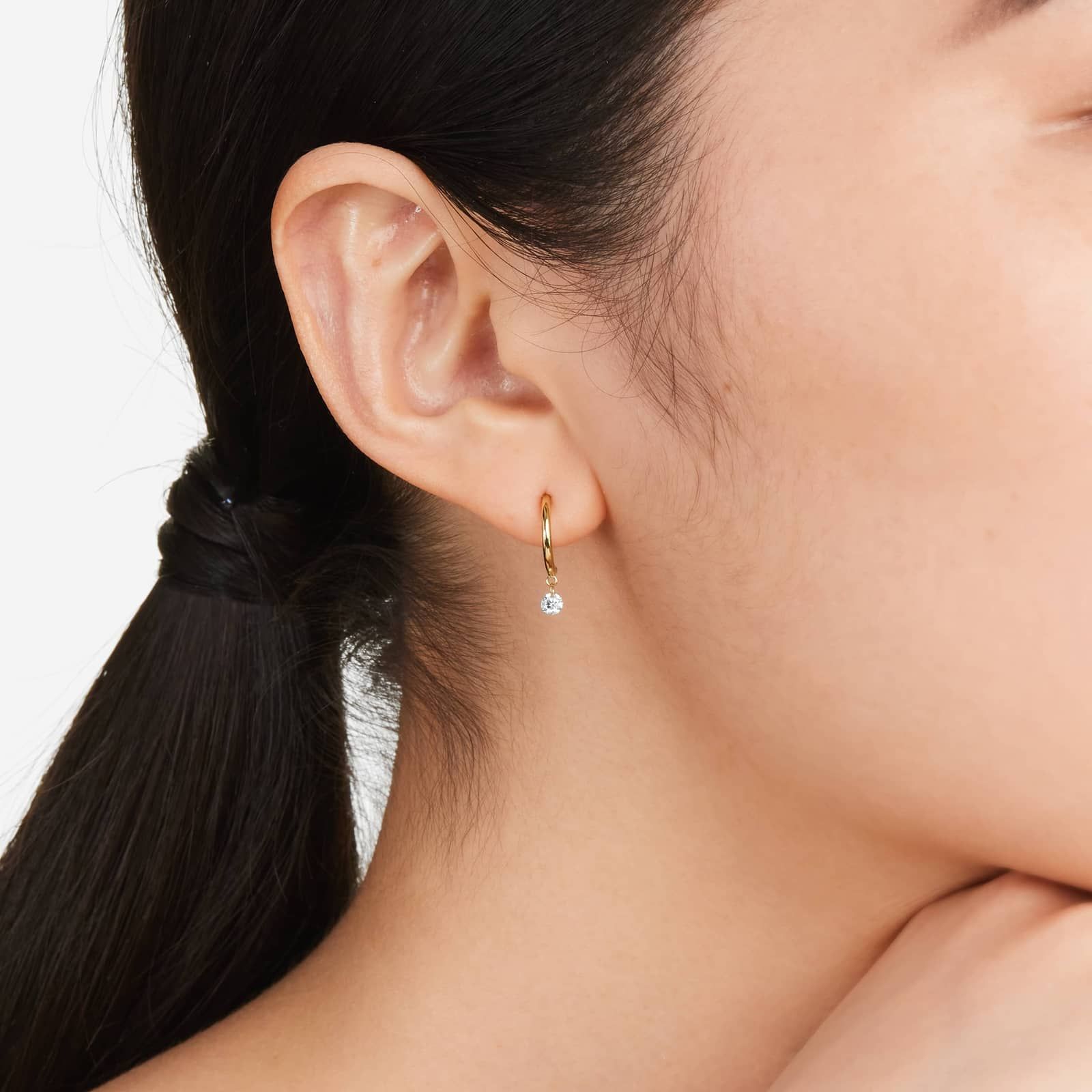 Half Huggie Dangling Diamond Earrings In 14K Yellow Gold By Brevani