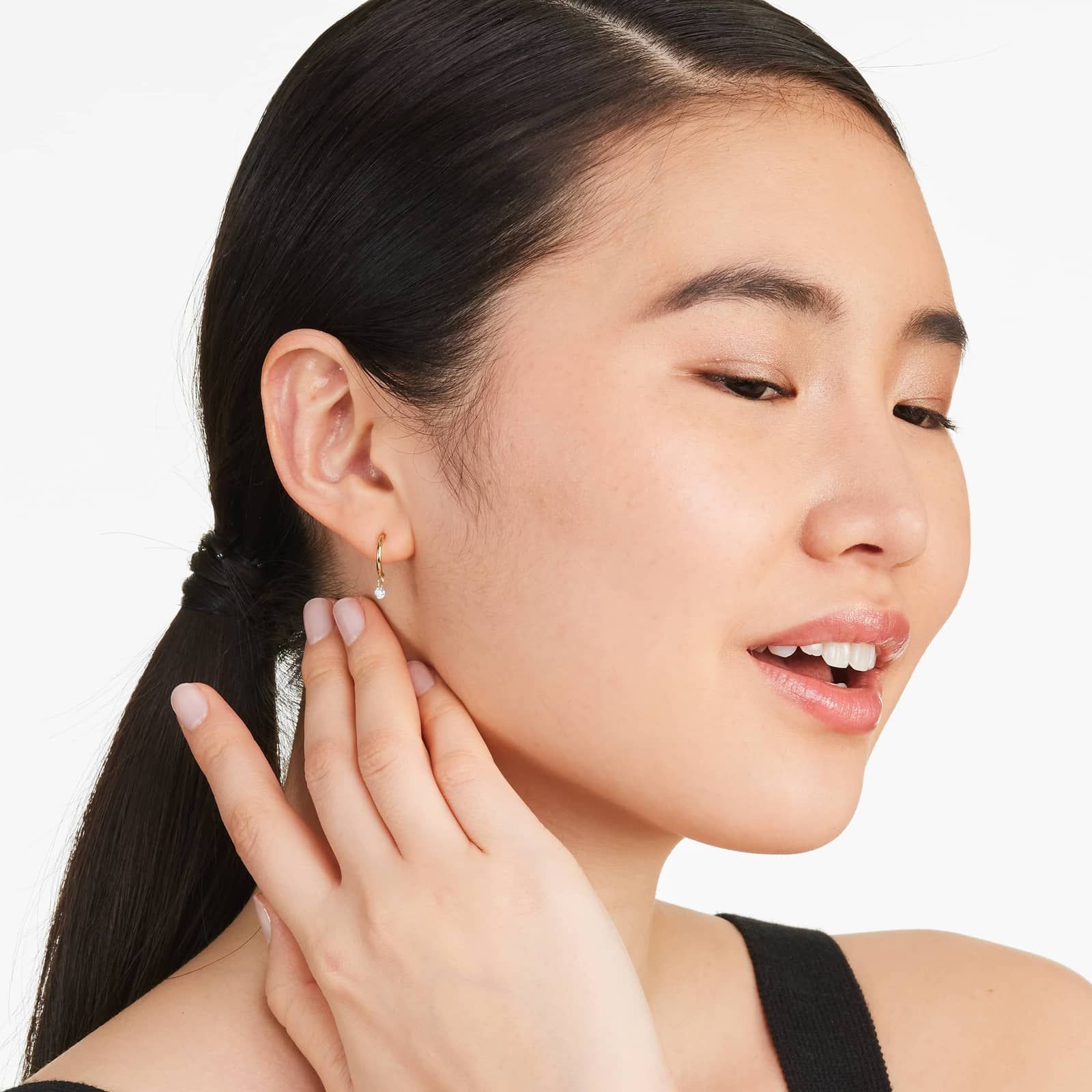 Half Huggie Dangling Diamond Earrings In 14K Yellow Gold By Brevani