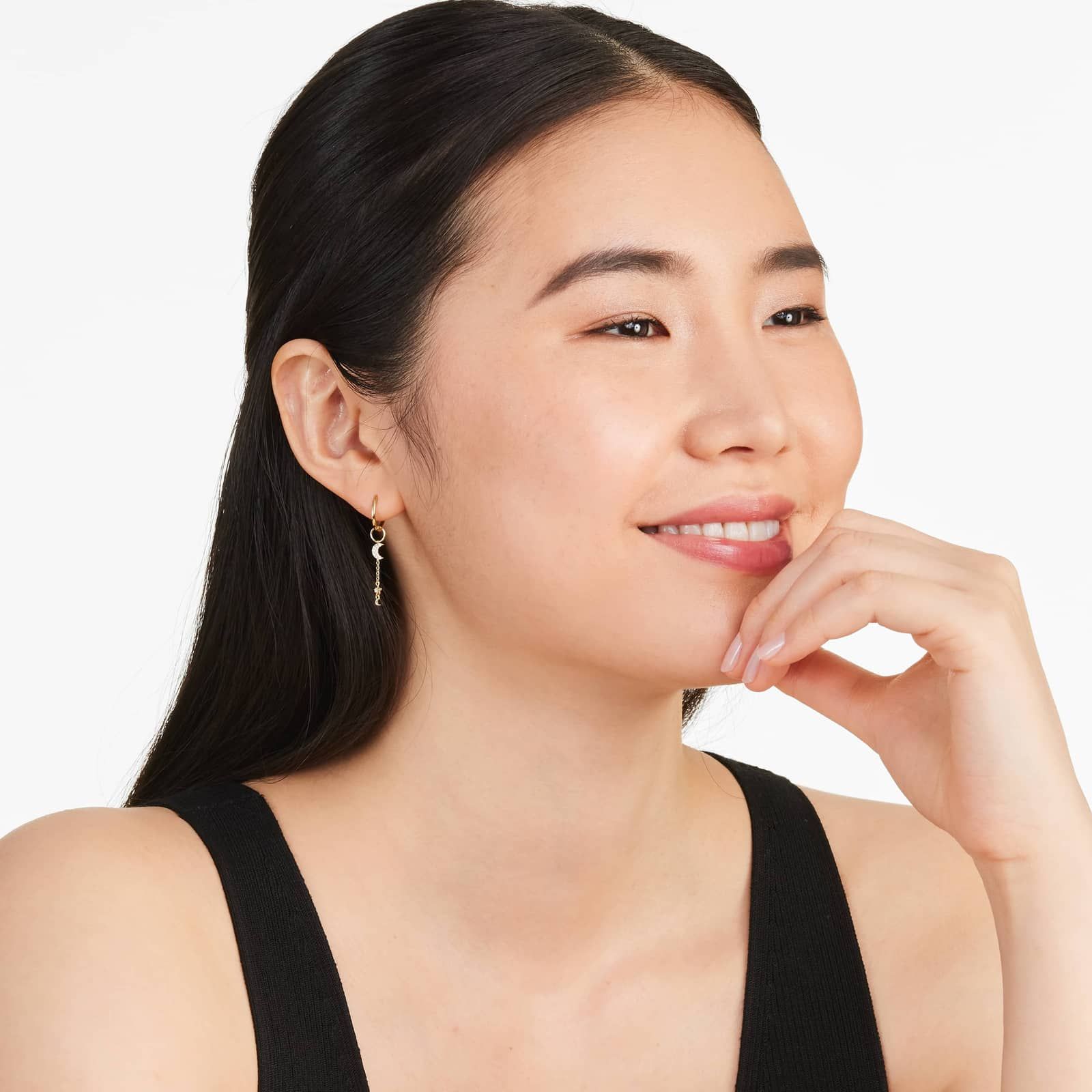 Moon And Star Diamond Huggie Drop Earrings In 14K Yellow Gold By Brevani