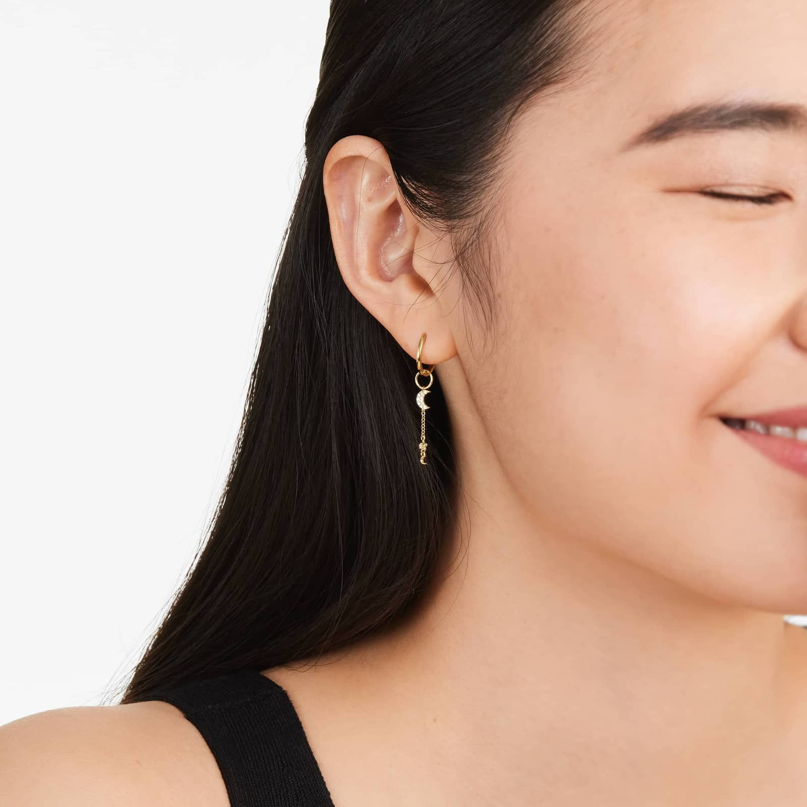 Moon And Star Diamond Huggie Drop Earrings In 14K Yellow Gold By Brevani