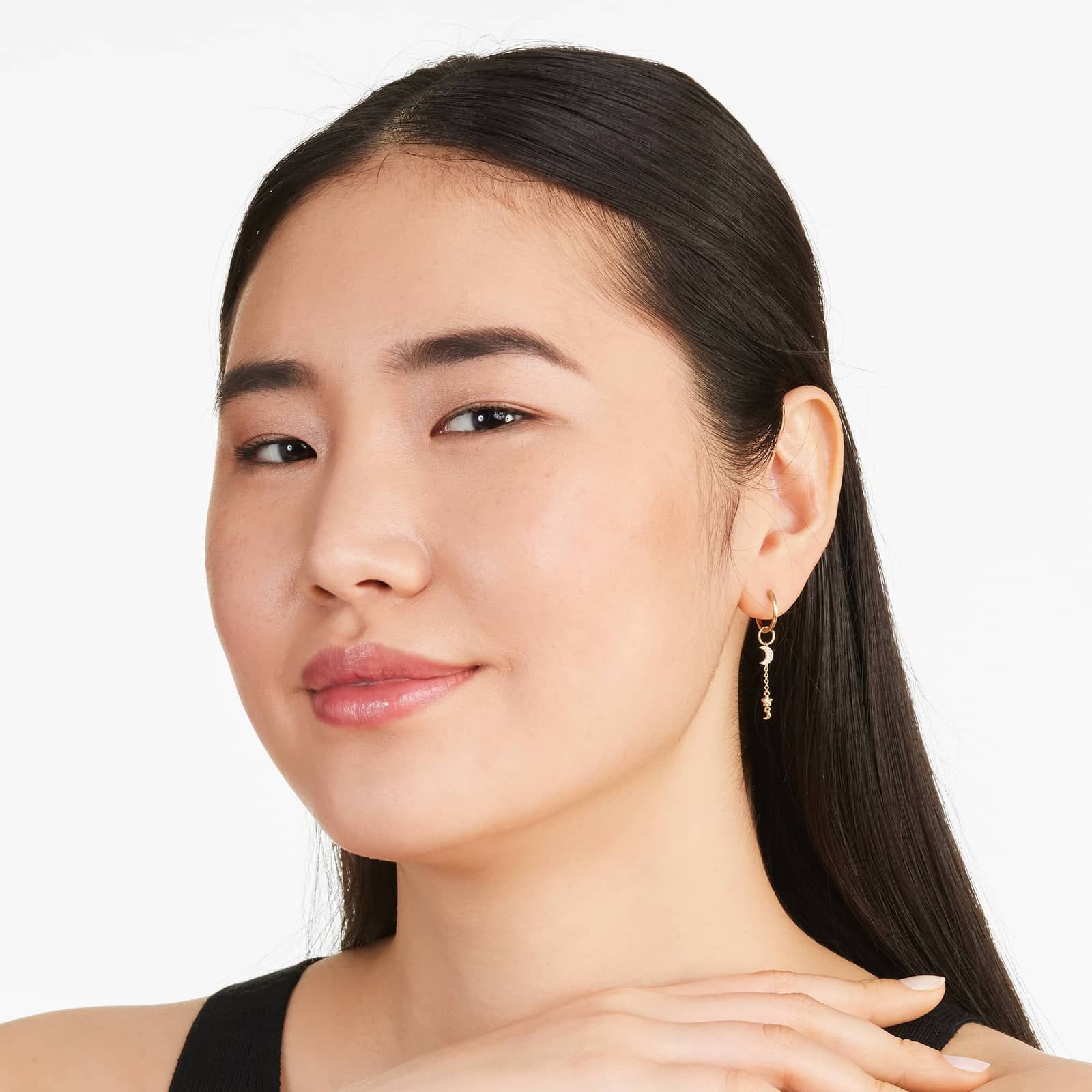 Moon And Star Diamond Huggie Drop Earrings In 14K Yellow Gold By Brevani