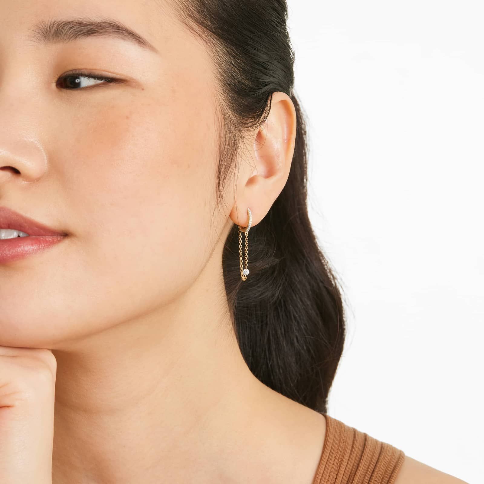 Dangling Diamond Chain Hoop Earrings In 14K Yellow Gold By Brevani