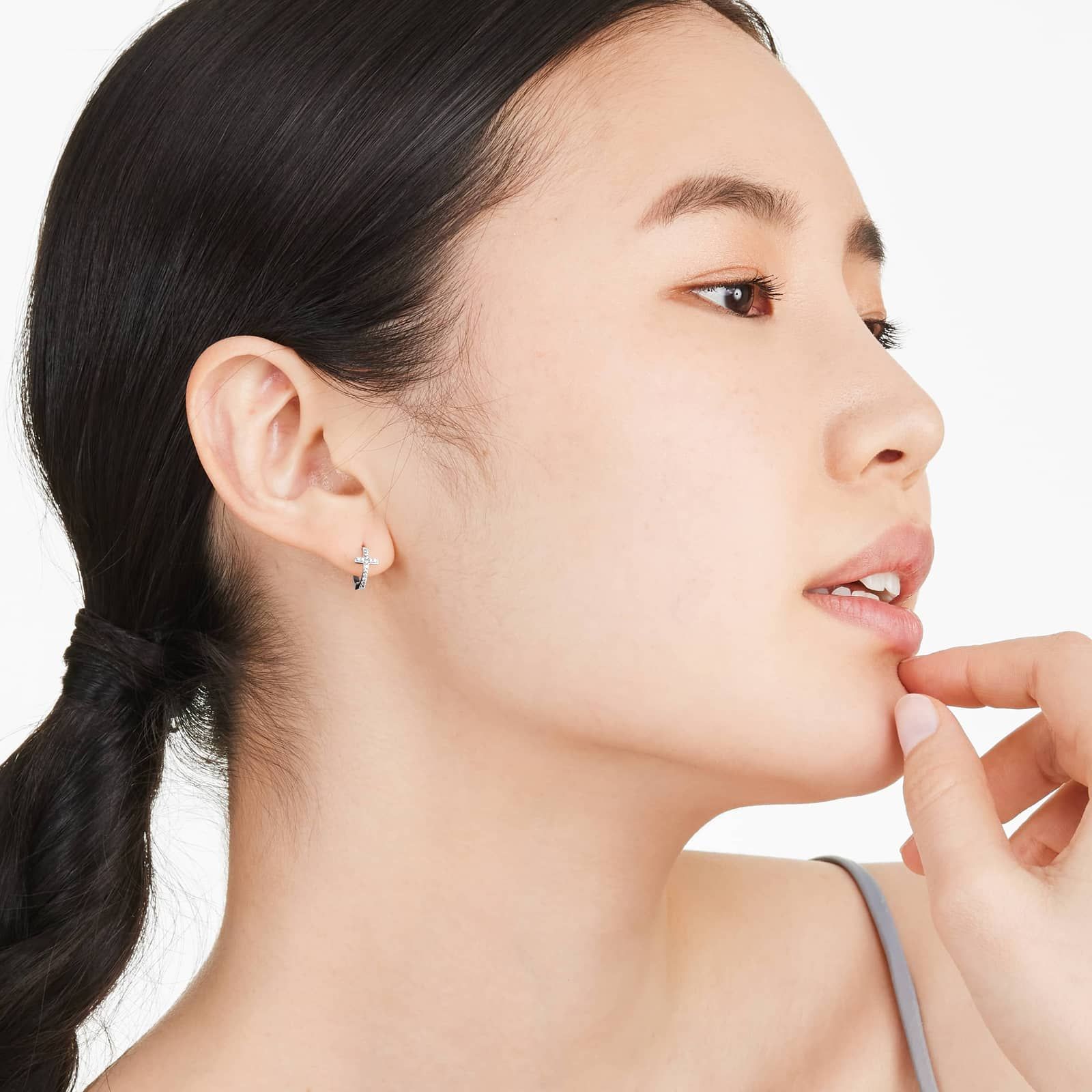 Cross Diamond Huggie Hoop Earrings In 14K White Gold By Brevani