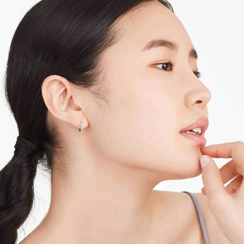 Cross Diamond Huggie Hoop Earrings In 14K White Gold By Brevani