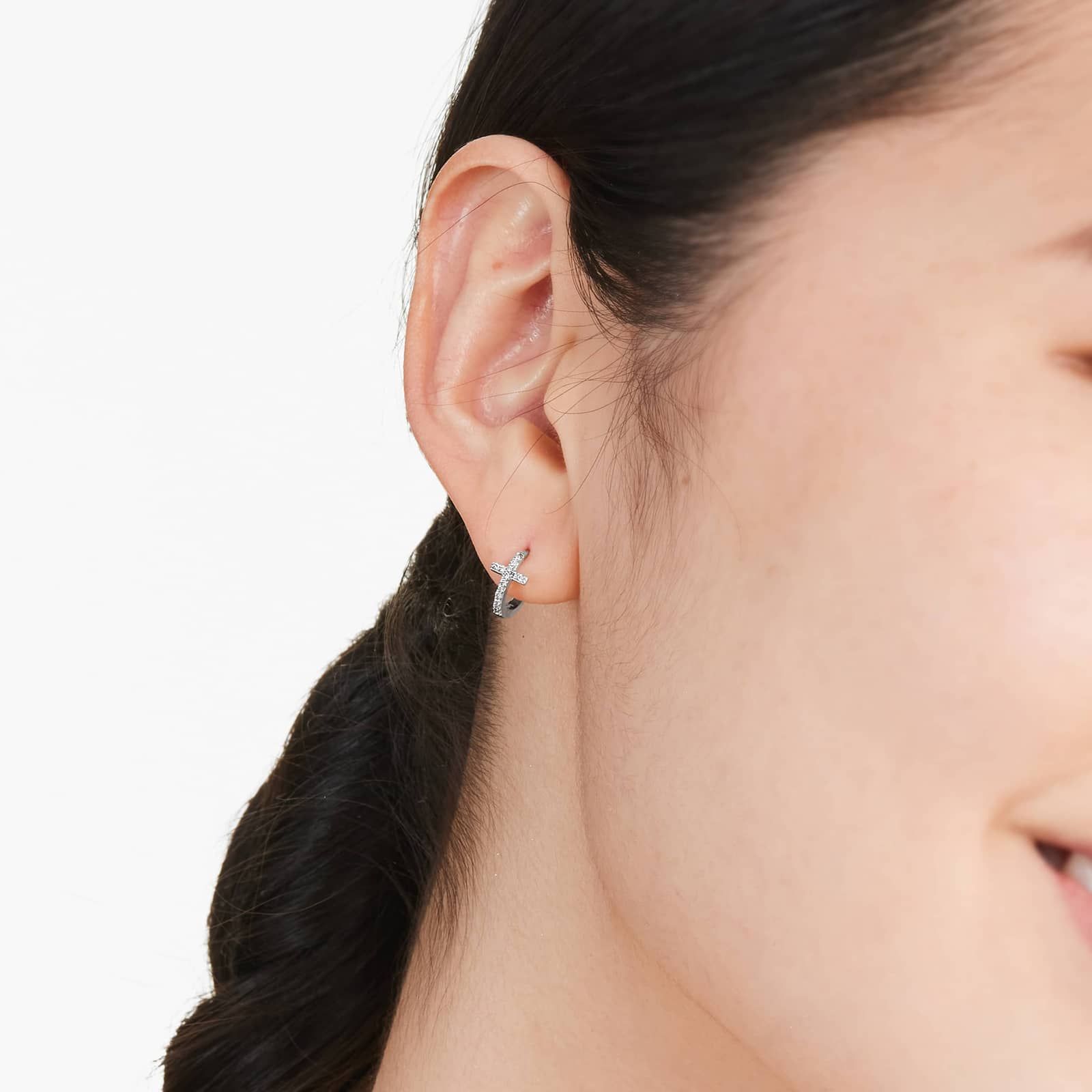 Cross Diamond Huggie Hoop Earrings In 14K White Gold By Brevani