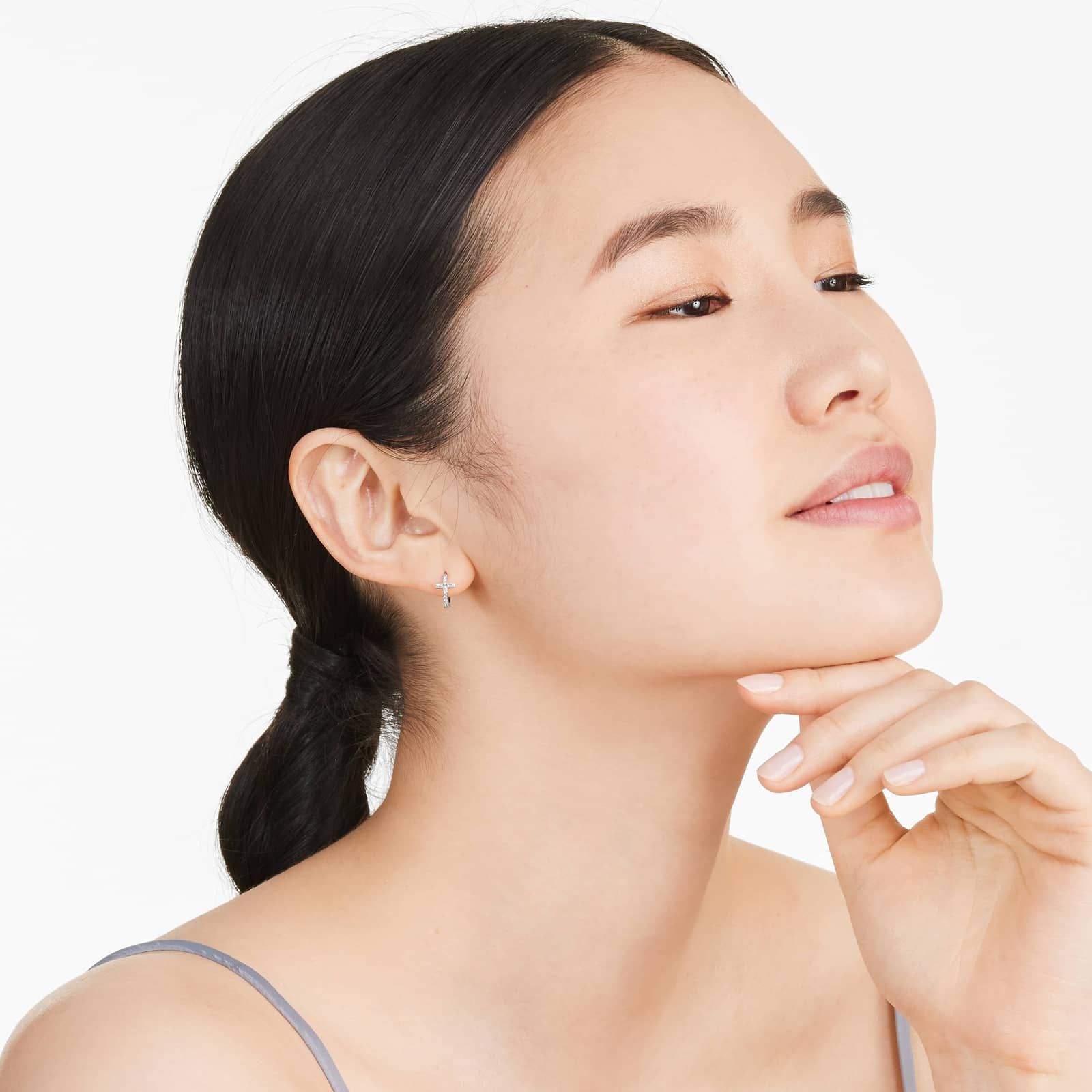 Cross Diamond Huggie Hoop Earrings In 14K White Gold By Brevani