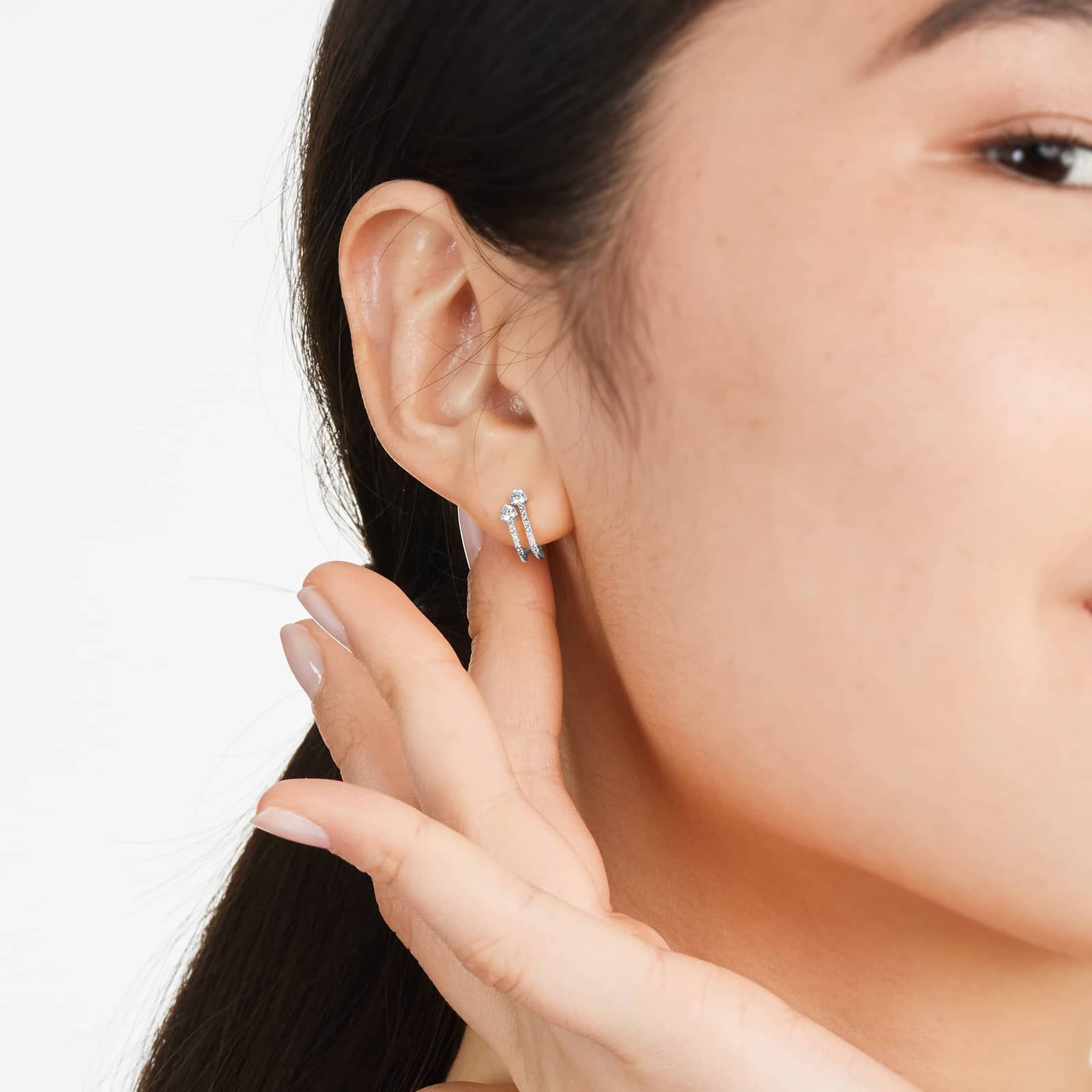 Double Row Diamond Huggie Earrings In 14K White Gold By Brevani