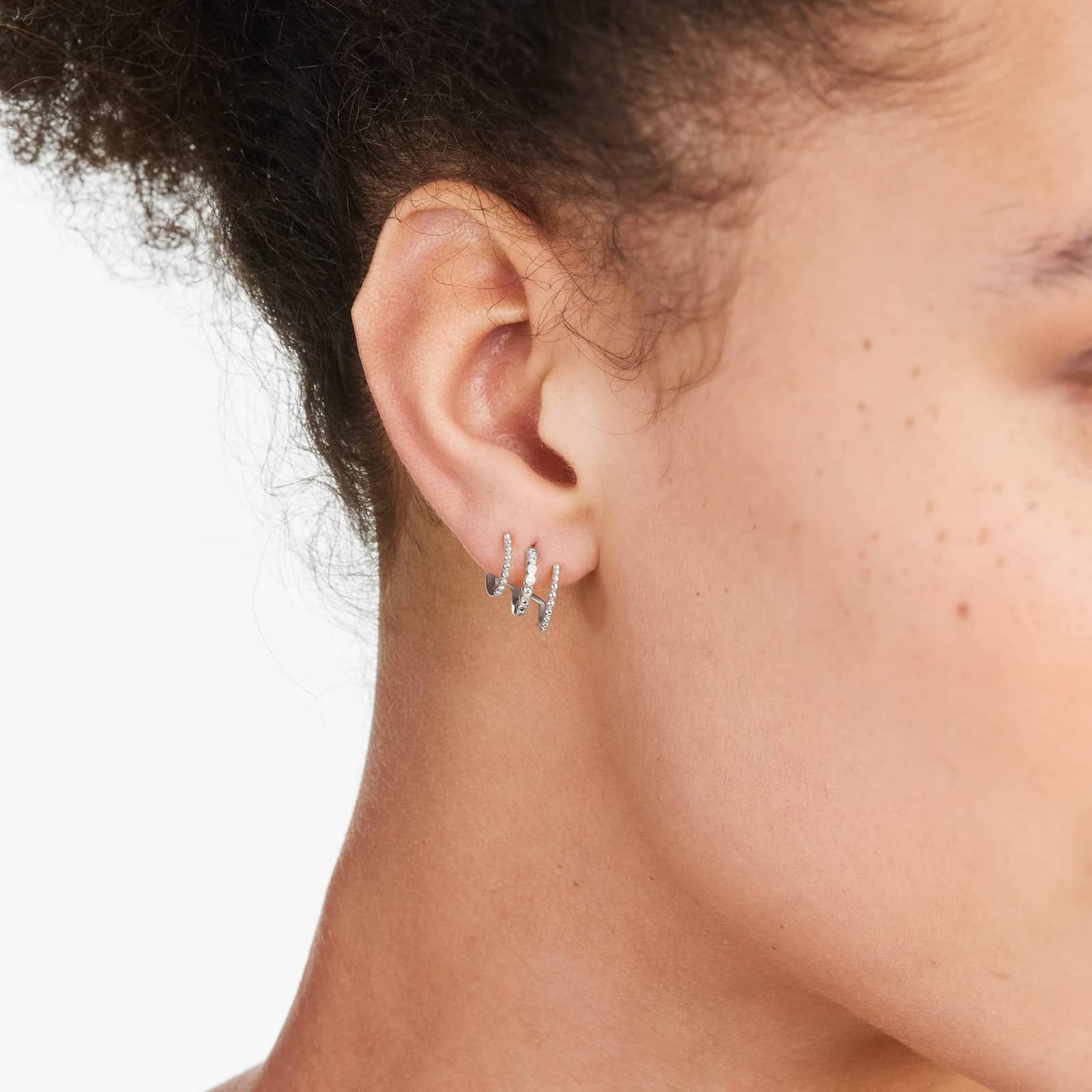 Bead Three in One Diamond Huggie Earrings In 14K White Gold By Brevani