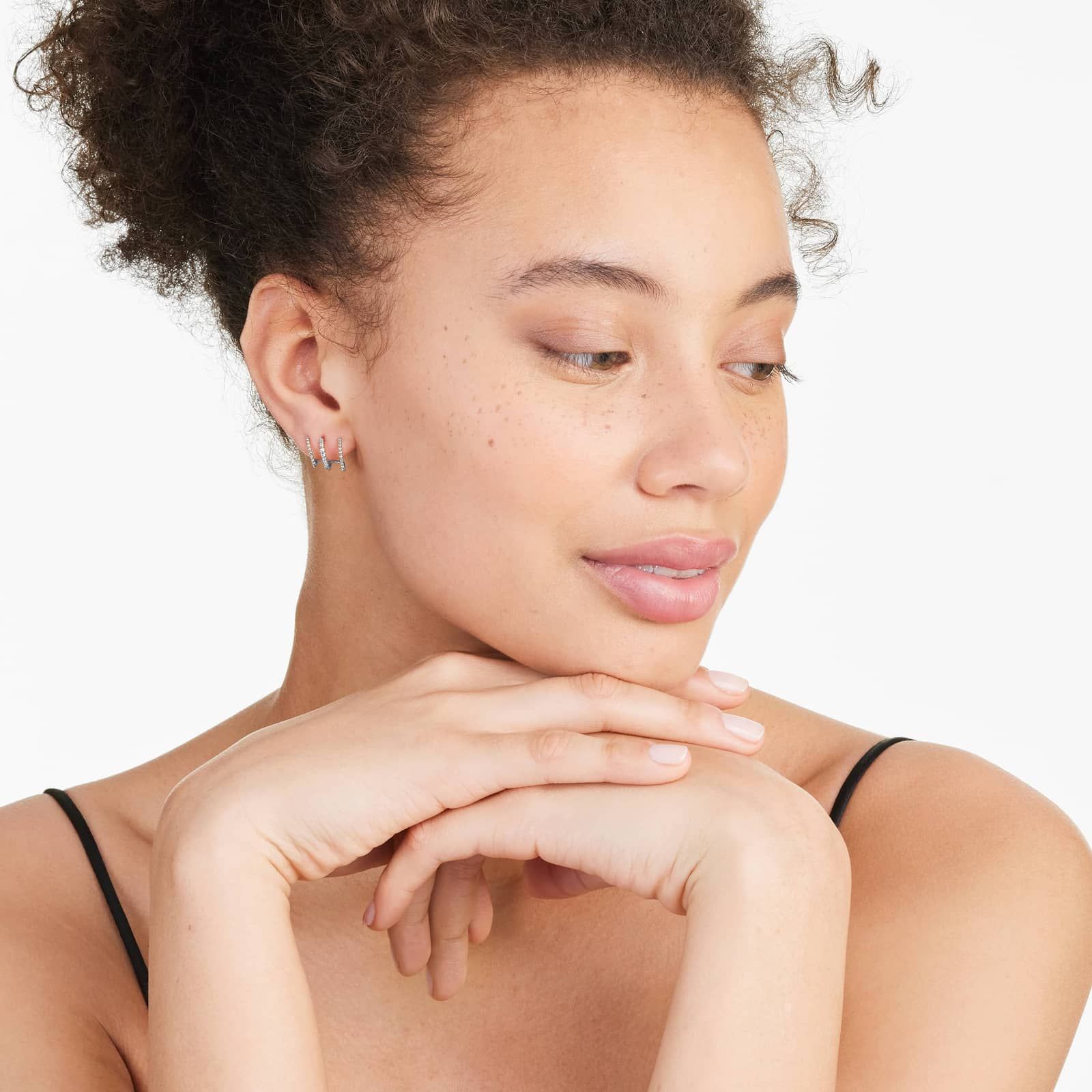 Bead Three in One Diamond Huggie Earrings In 14K White Gold By Brevani