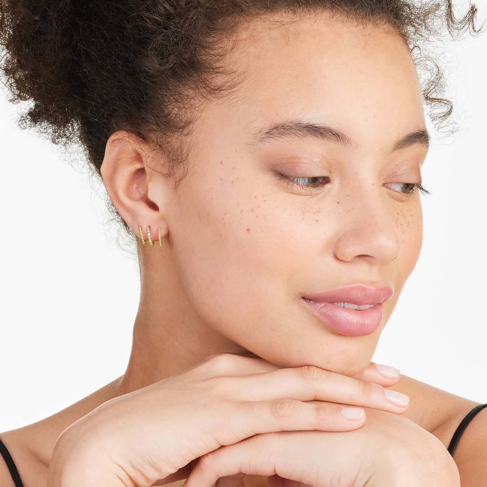 Bead Three in One Diamond Huggie Earrings In 14K Yellow Gold By Brevani