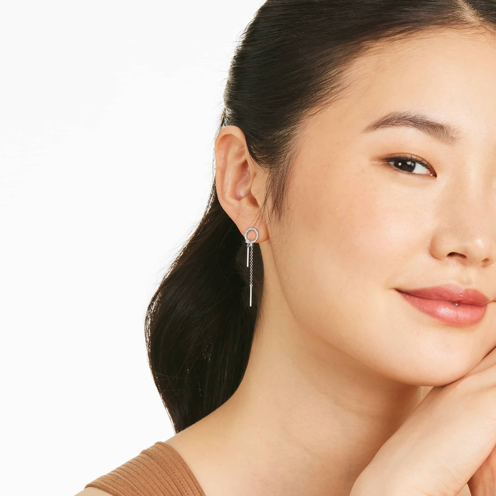 Circle Bar Diamond Drop Earrings In 14K White Gold