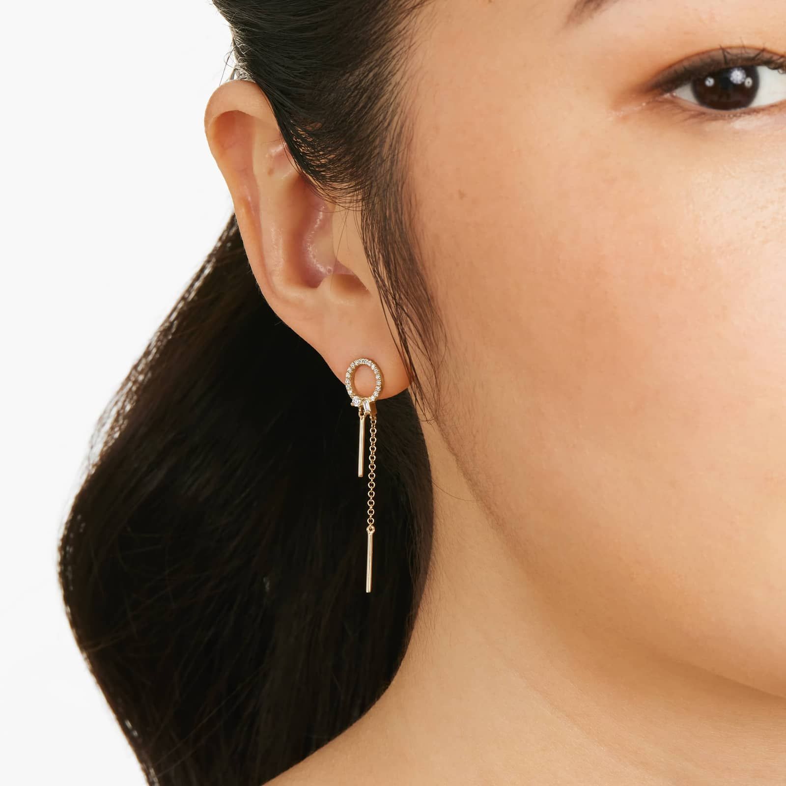 Circle Bar Diamond Drop Earrings In 14K Yellow Gold