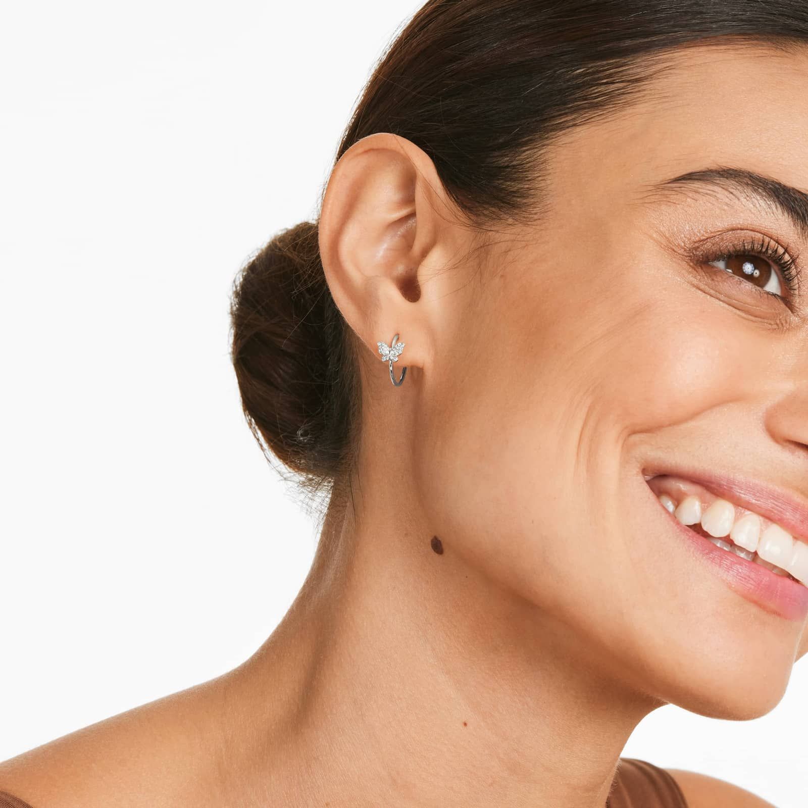 Butterfly Diamond Hoop Earrings In 14K White Gold