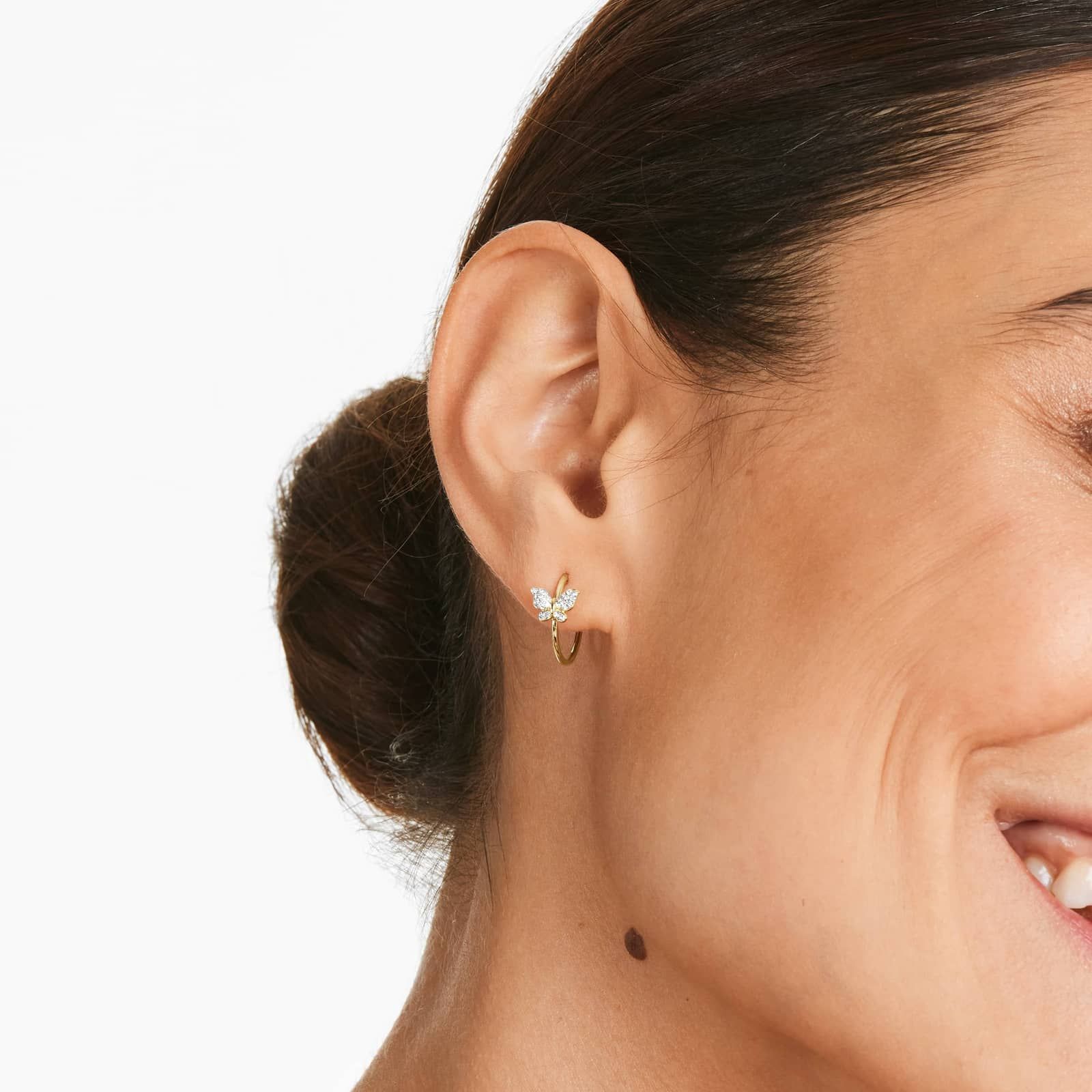 Butterfly Diamond Hoop Earrings In 14K Yellow Gold