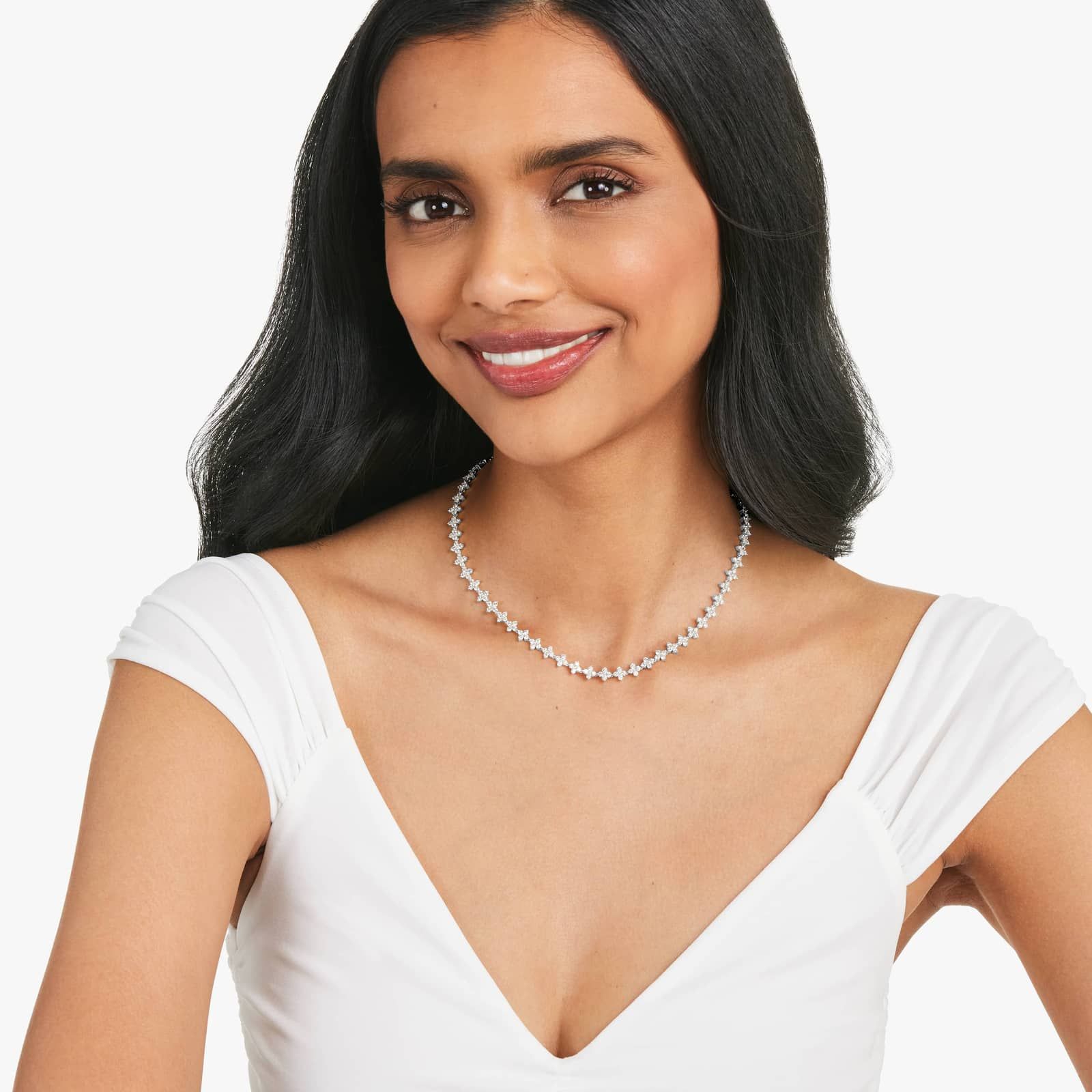 14K White Gold Blossom Lab-Grown Diamond Tennis Necklace