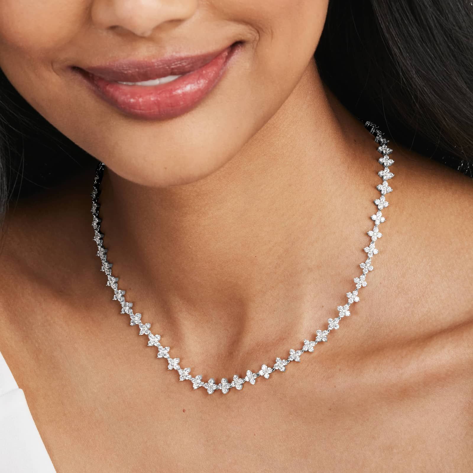 14K White Gold Blossom Lab-Grown Diamond Tennis Necklace