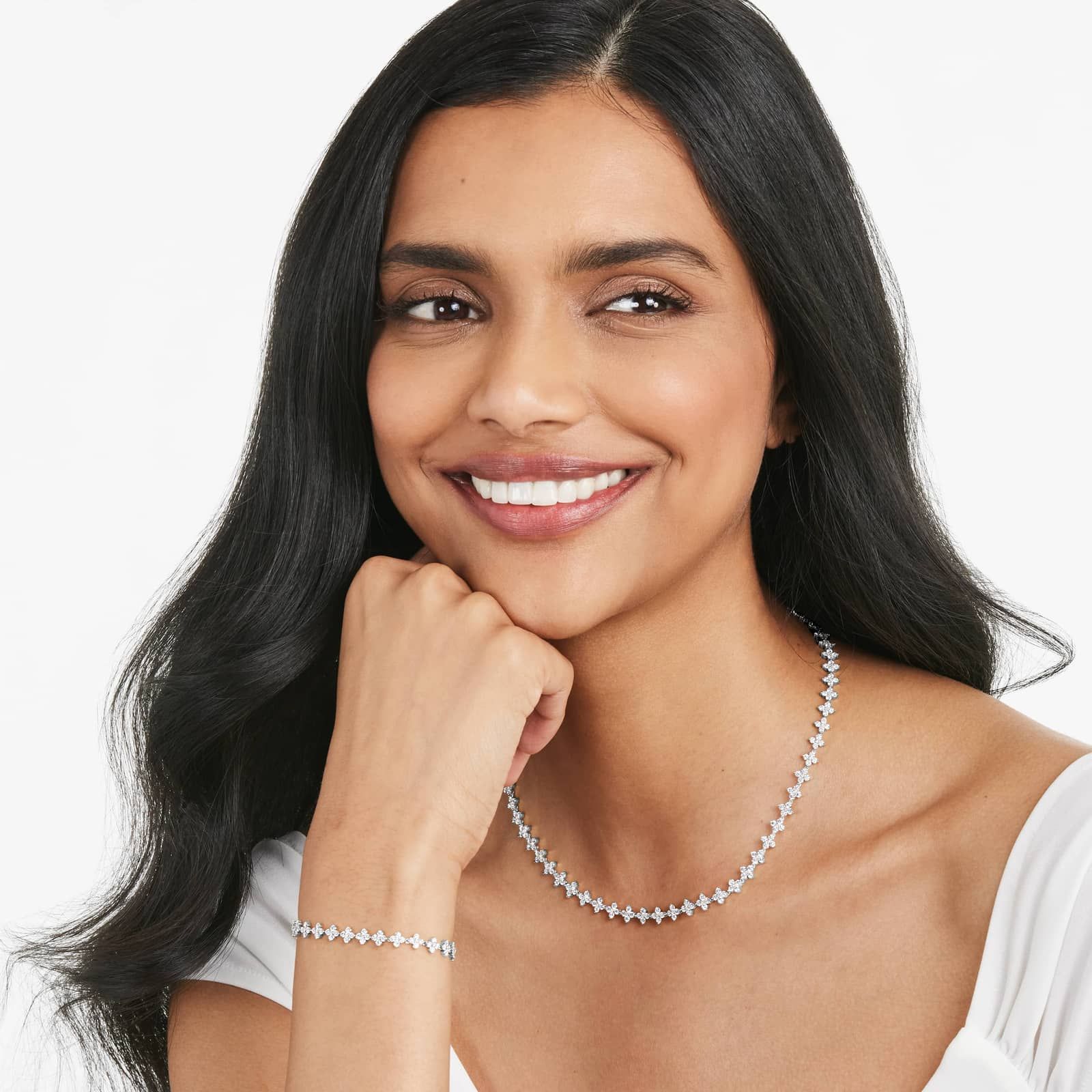 14K White Gold Blossom Lab-Grown Diamond Tennis Necklace