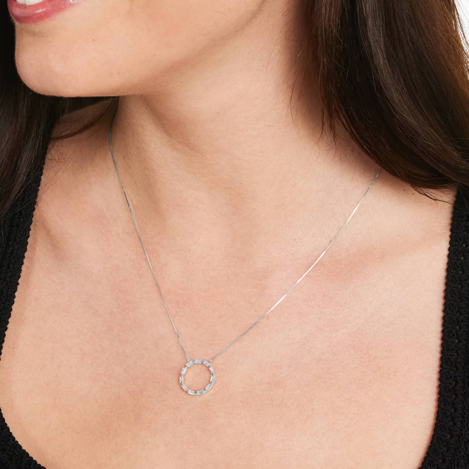 Circle Pendant With Lab-Grown Baguette Cut Diamonds In 14K White Gold