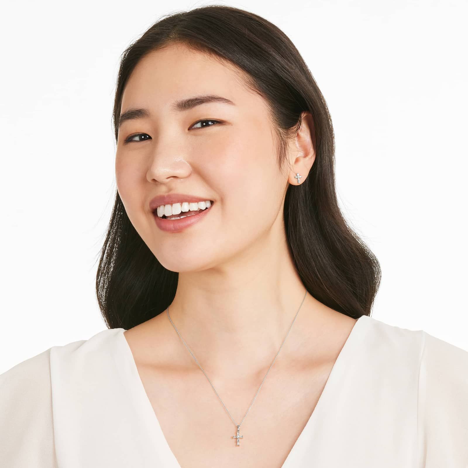 Moderne Cross Diamond Necklace In 14K White Gold