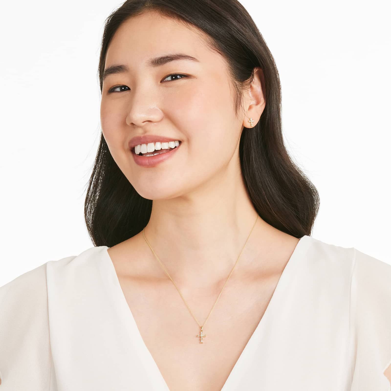 Moderne Cross Diamond Necklace In 14K Yellow Gold