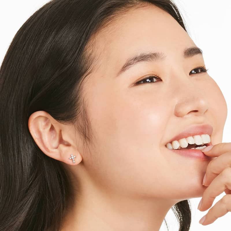 Moderne Cross Diamond Stud Earrings In 14K White Gold