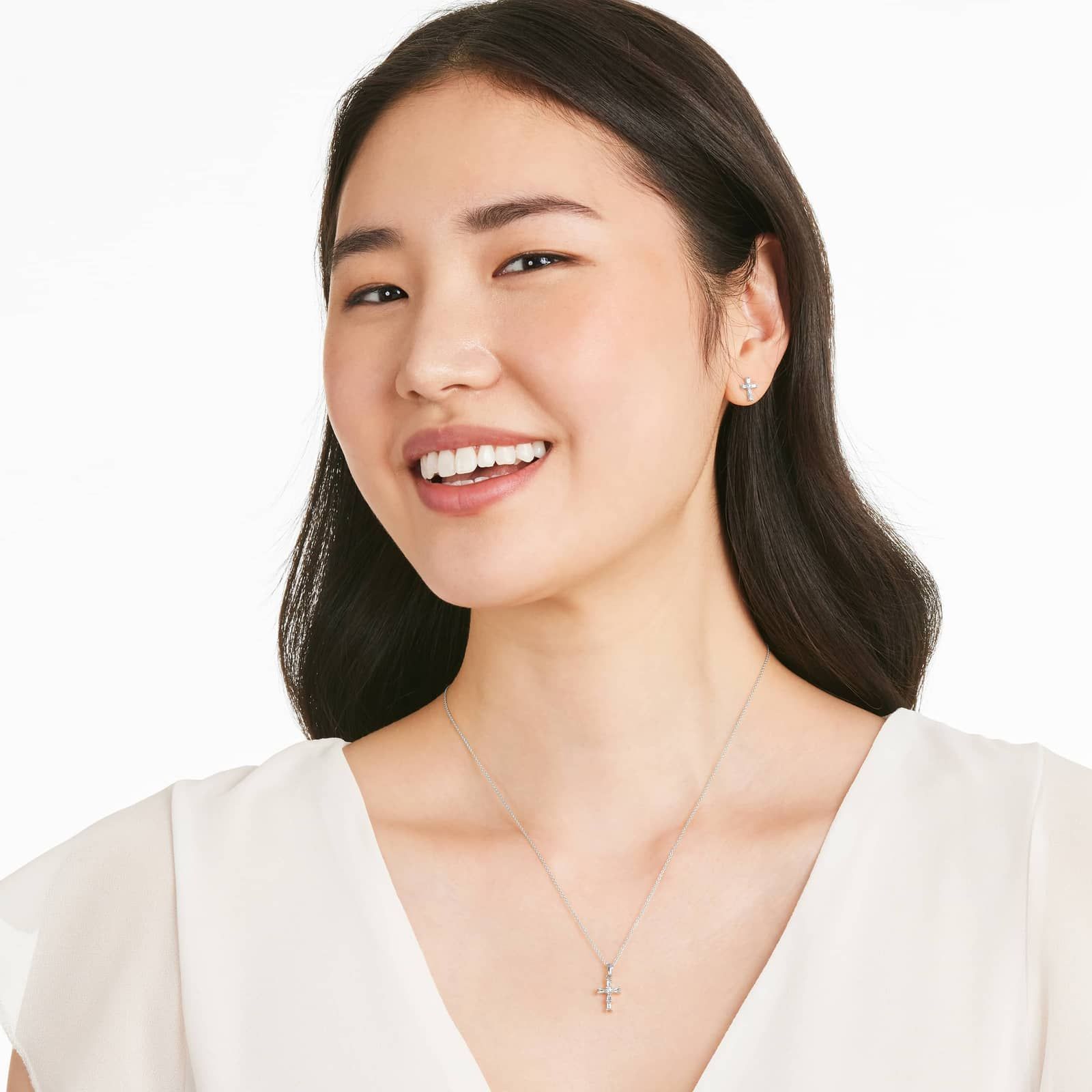 Moderne Cross Diamond Stud Earrings In 14K White Gold