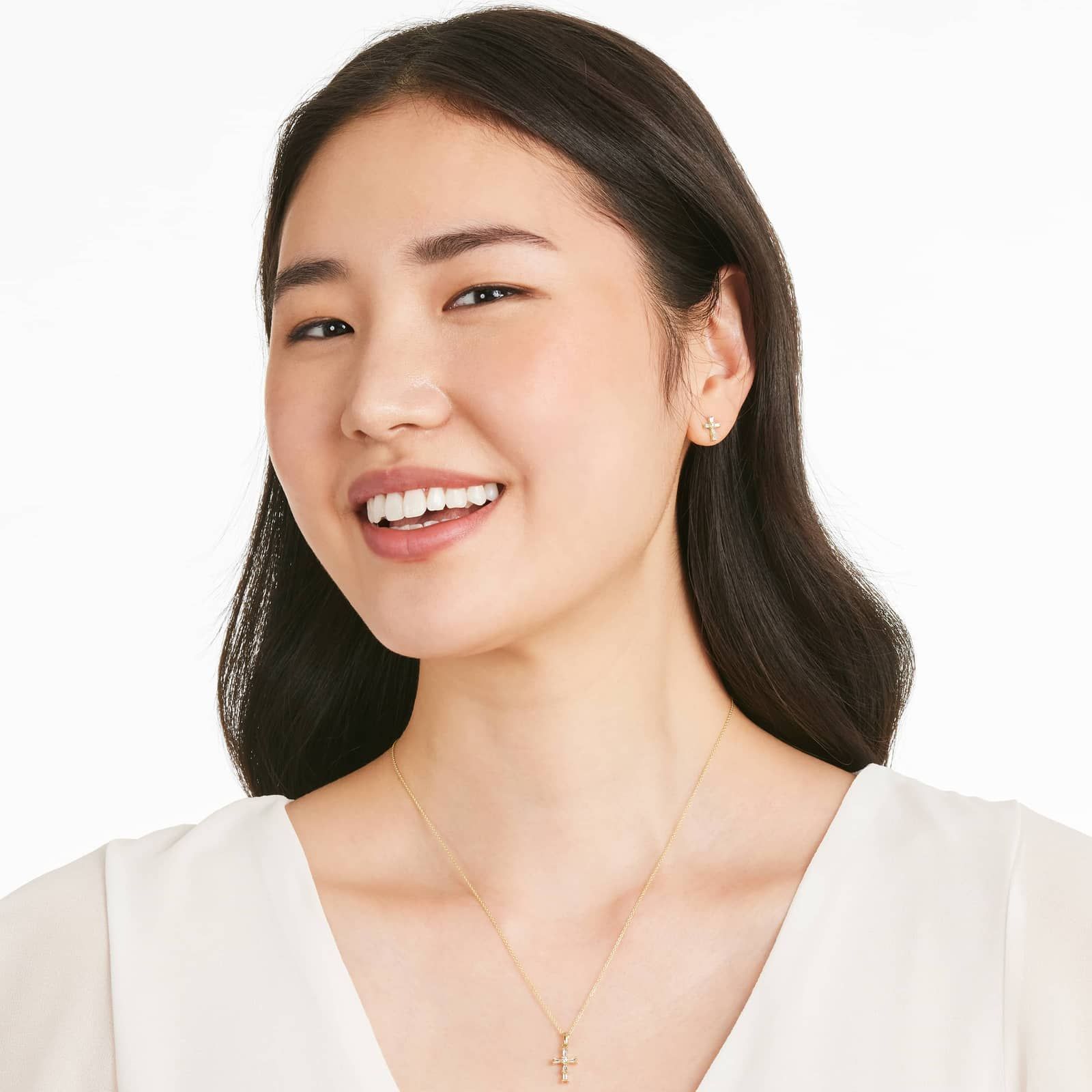 Moderne Cross Diamond Stud Earrings In 14K Yellow Gold