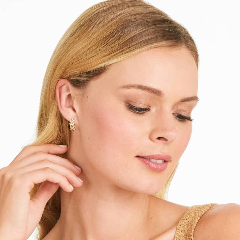 Diamond Leaf Hoop Earrings In 14K Yellow Gold