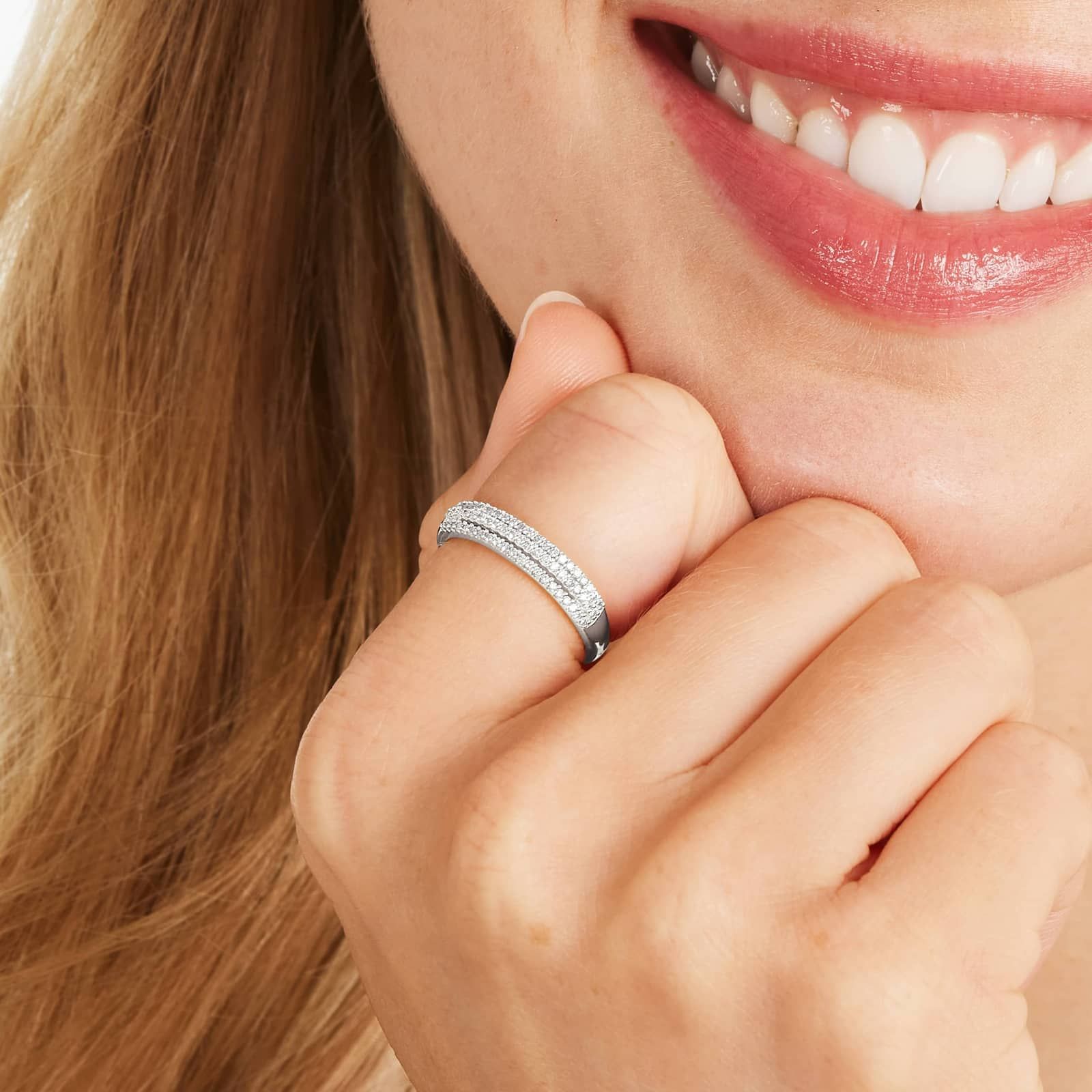 Triple Row Diamond Ring In 14K White Gold