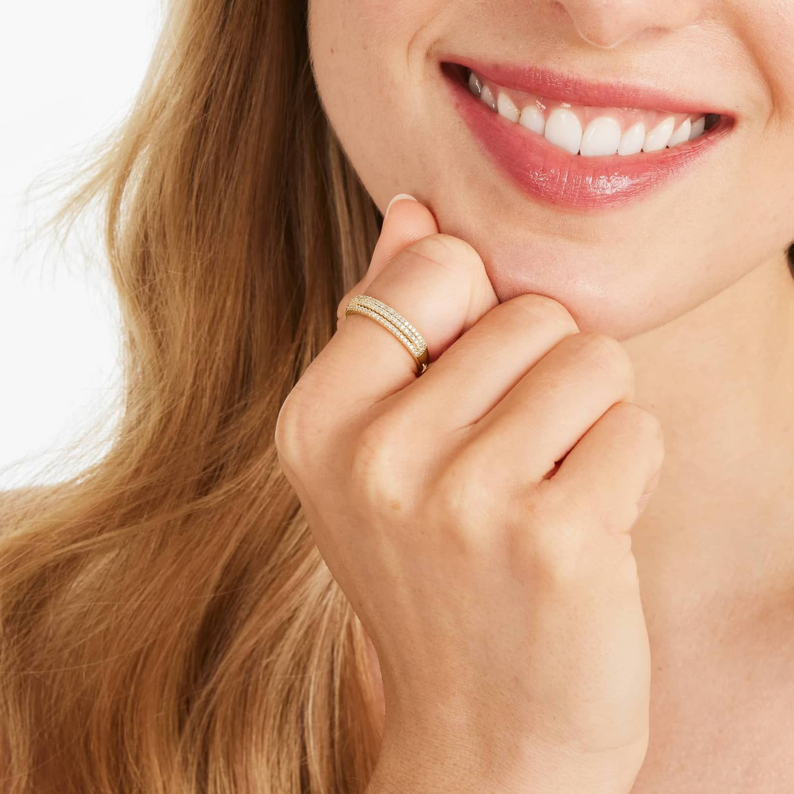 Triple Row Diamond Ring In 14K Yellow Gold