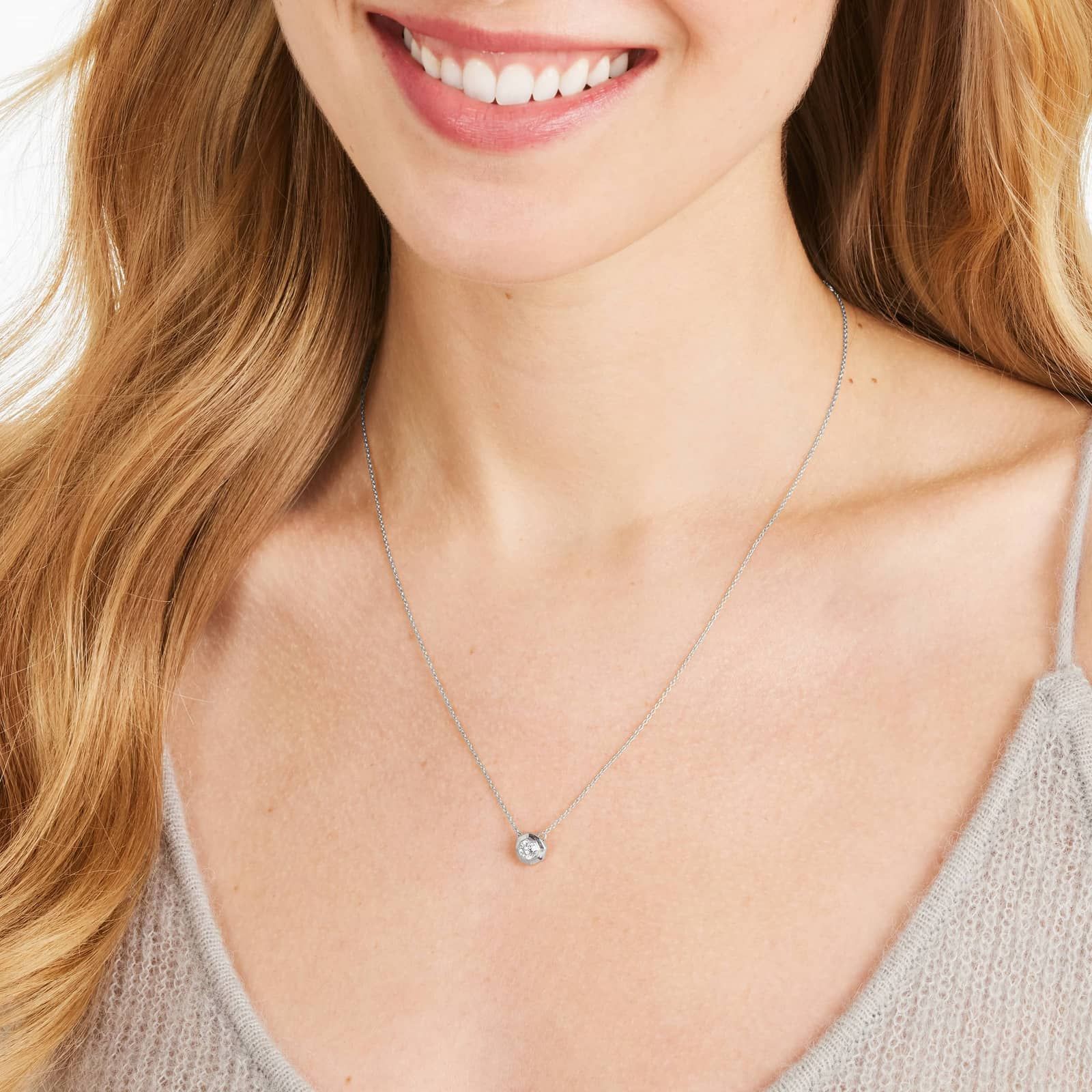 Octagonal Frame Diamond Solitaire Pendant In 14K White Gold