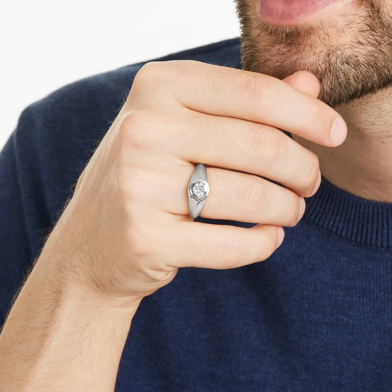 Octagonal Frame Solitaire Diamond Ring In 14K White Gold