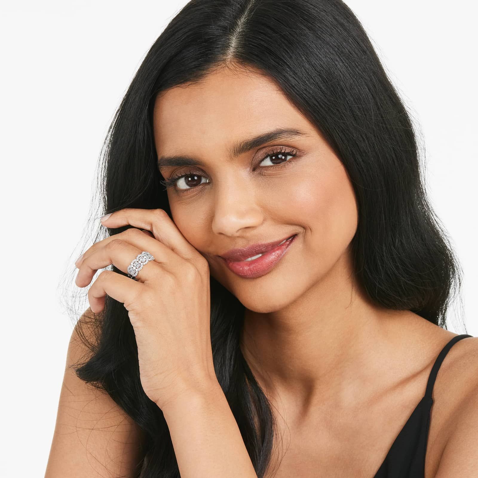 Five Stone Oval Cut Halo Lab-Grown Diamond Ring In 14K White Gold