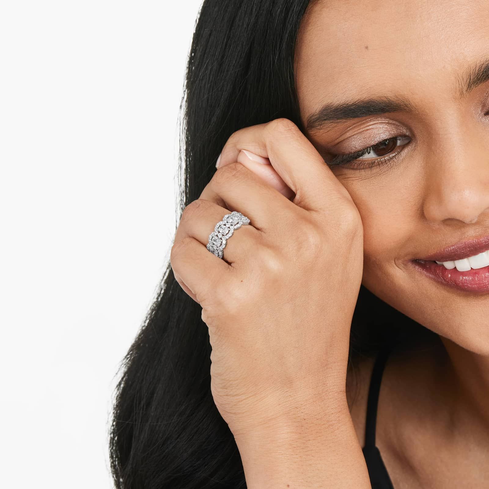 Five Stone Oval Cut Halo Lab-Grown Diamond Ring In 14K White Gold