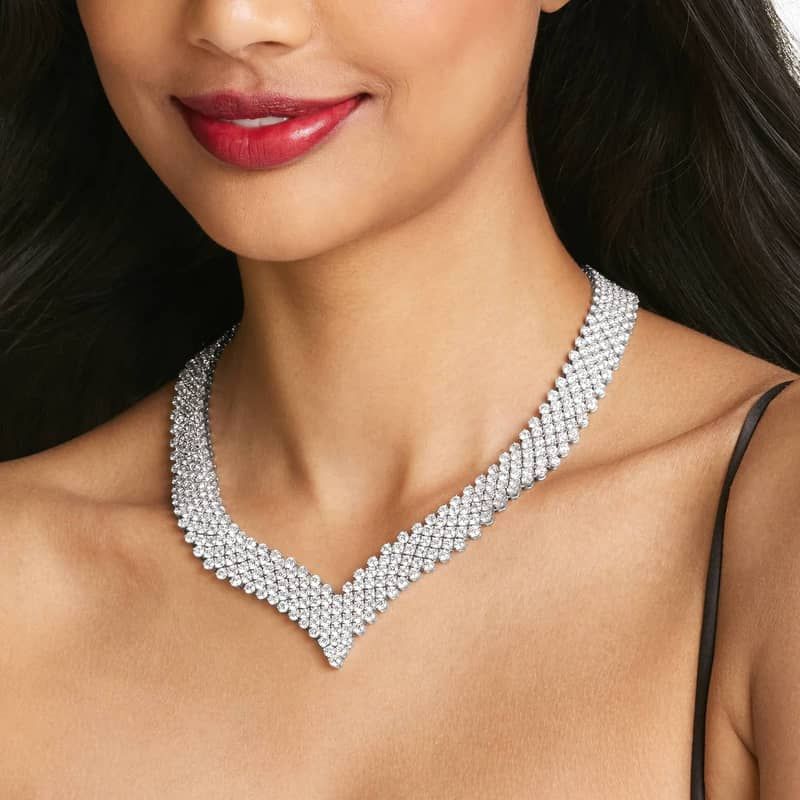14K White Gold Mesh V Lab-Grown Diamond Necklace