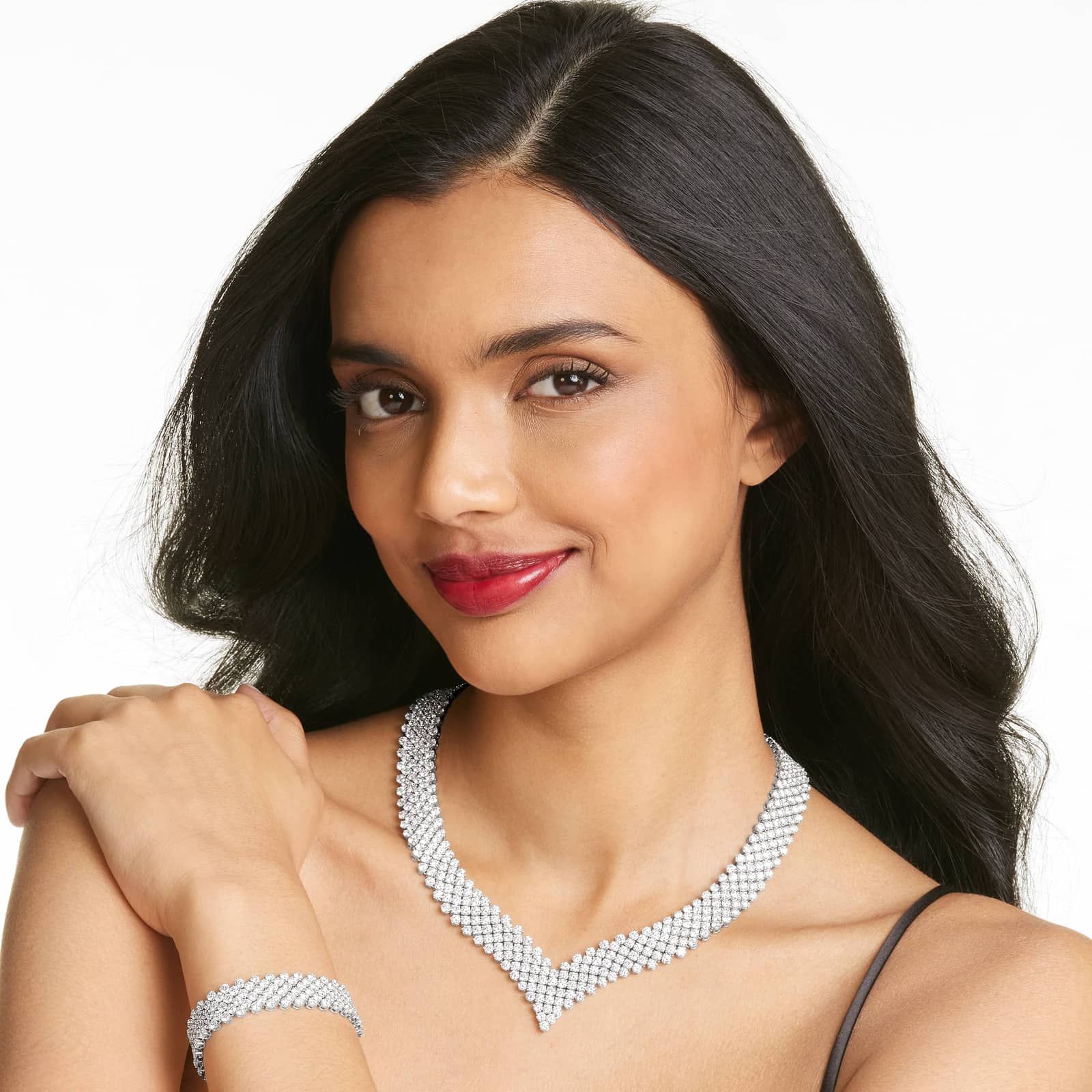 14K White Gold Mesh V Lab-Grown Diamond Necklace